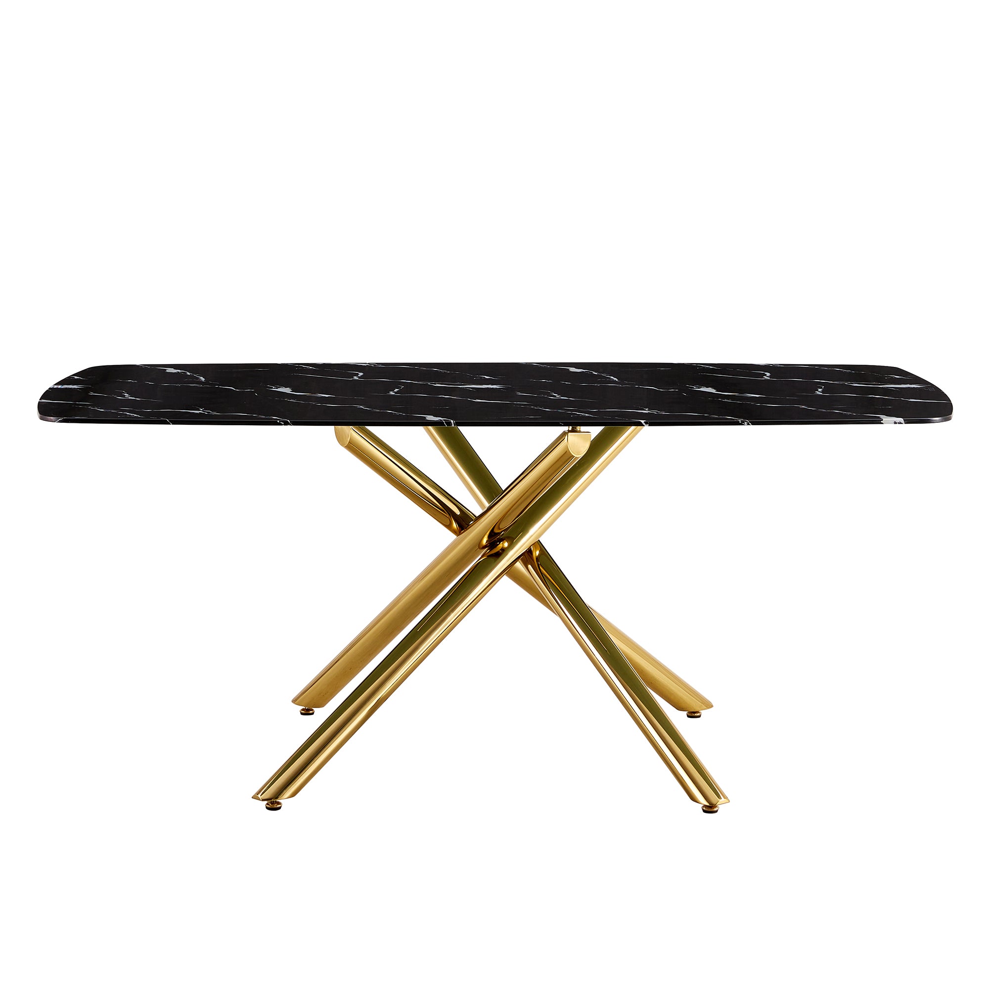 6-8 Seater Modern Kitchen Dining Table Rectangular Black Marble Table Top with Single Gold Metal Leg_17