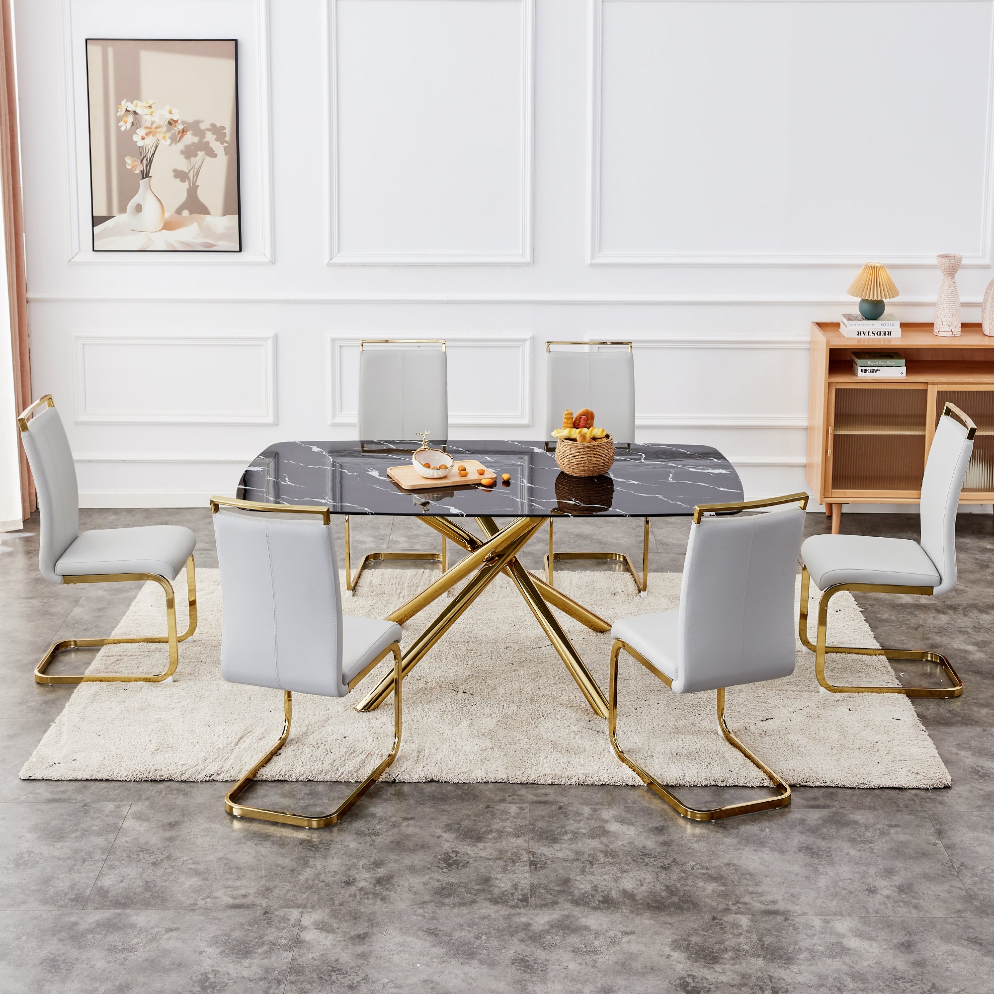 6-8 Seater Modern Kitchen Dining Table Rectangular Black Marble Table Top with Single Gold Metal Leg_4