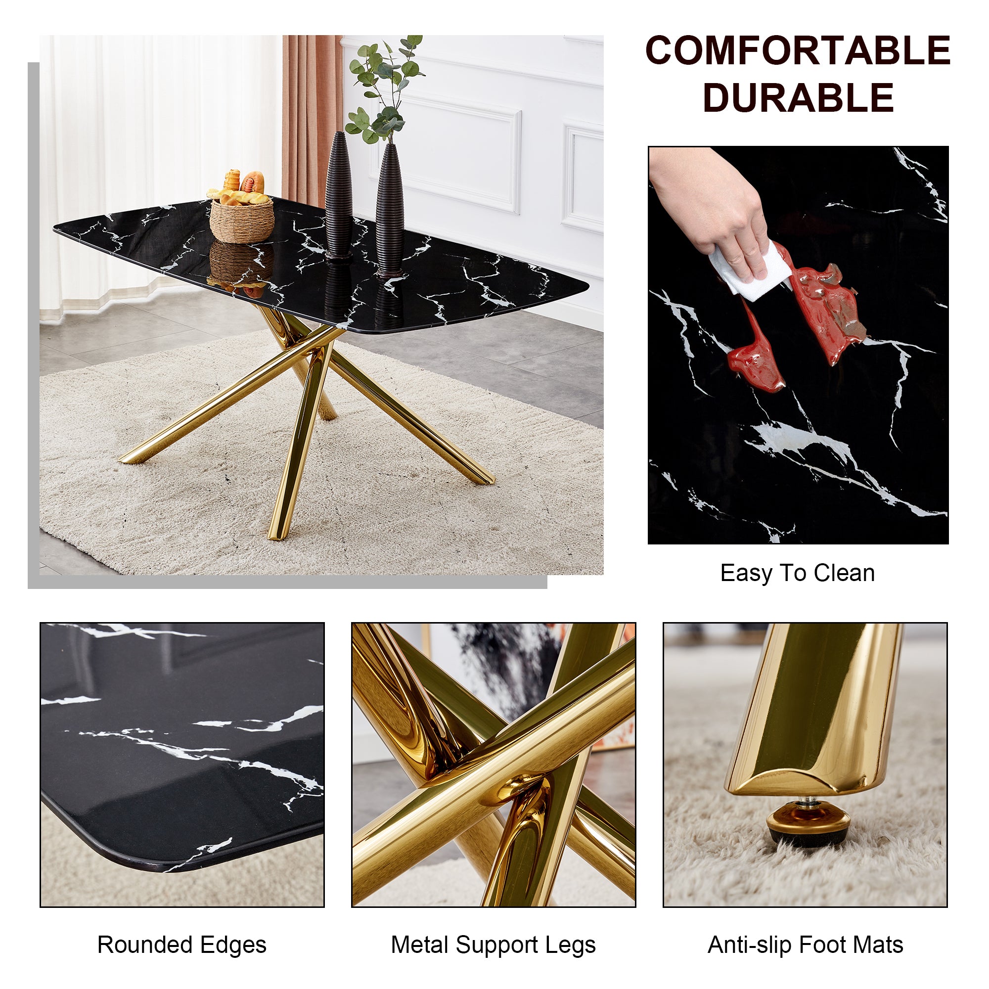 6-8 Seater Modern Kitchen Dining Table Rectangular Black Marble Table Top with Single Gold Metal Leg_21