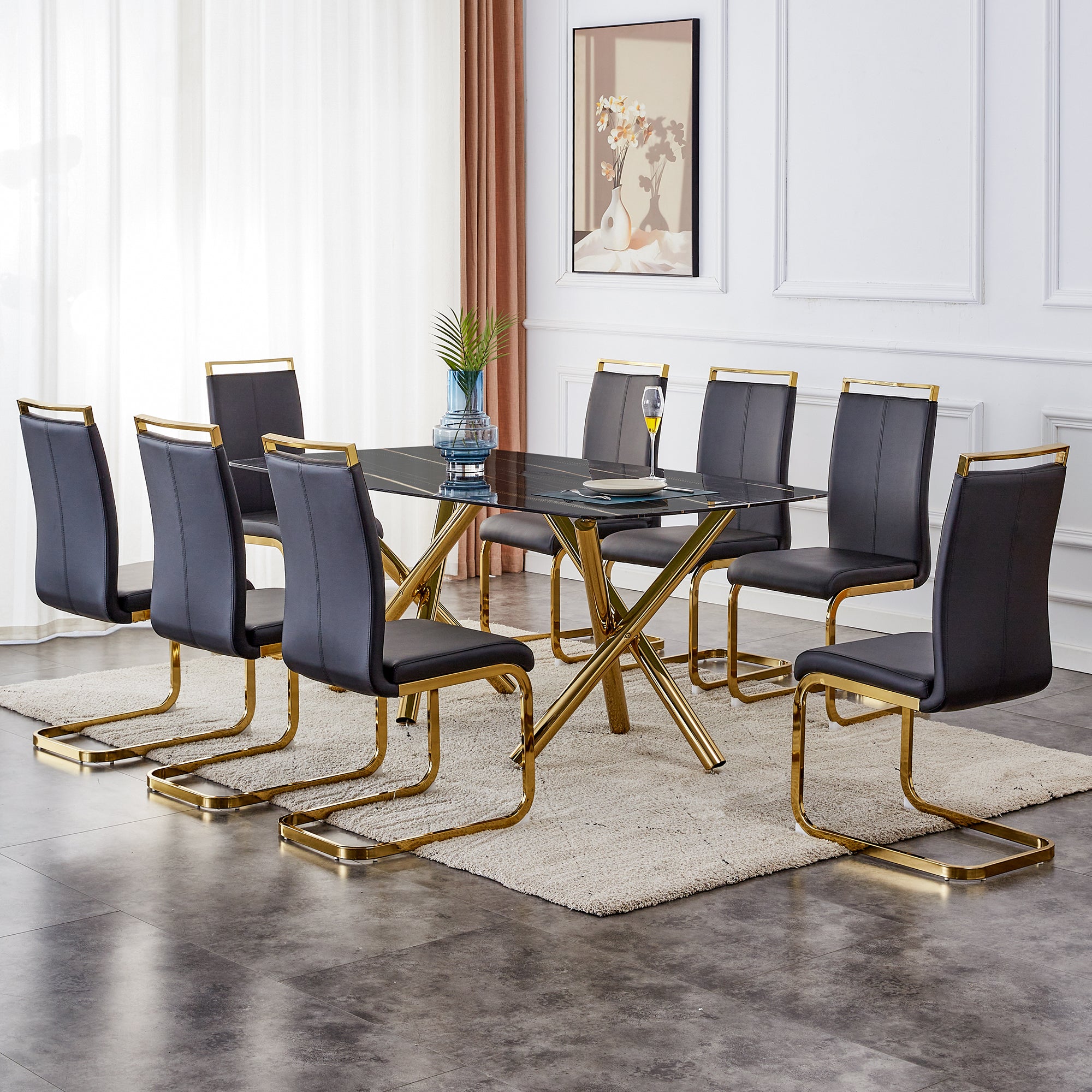 6-8 Seater Modern Kitchen Dining Table Rectangular Black Marble Table Top with Gold Metal Legs_9