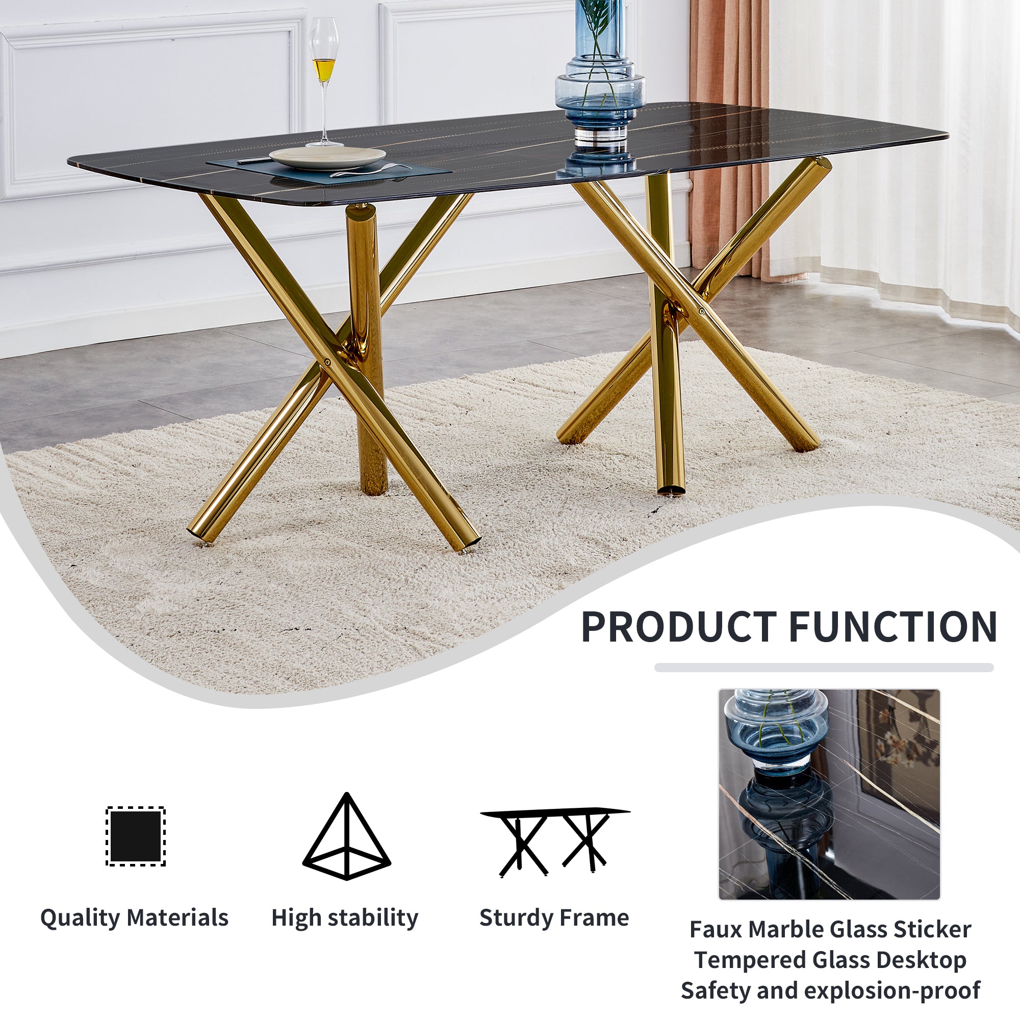 6-8 Seater Modern Kitchen Dining Table Rectangular Black Marble Table Top with Gold Metal Legs_13