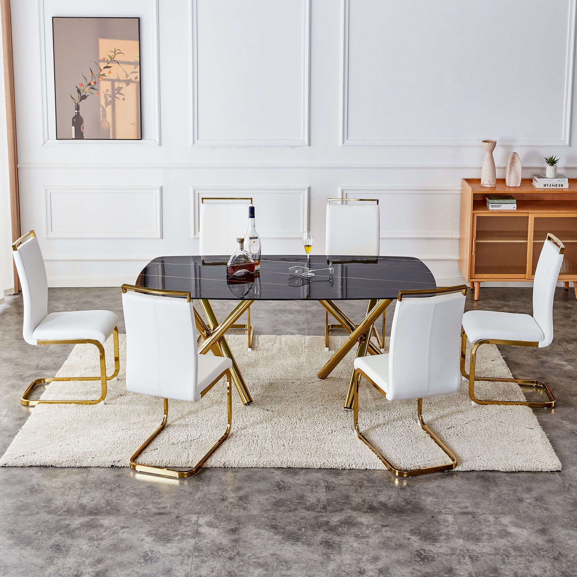 6-8 Seater Modern Kitchen Dining Table Rectangular Black Marble Table Top with Gold Metal Legs_5