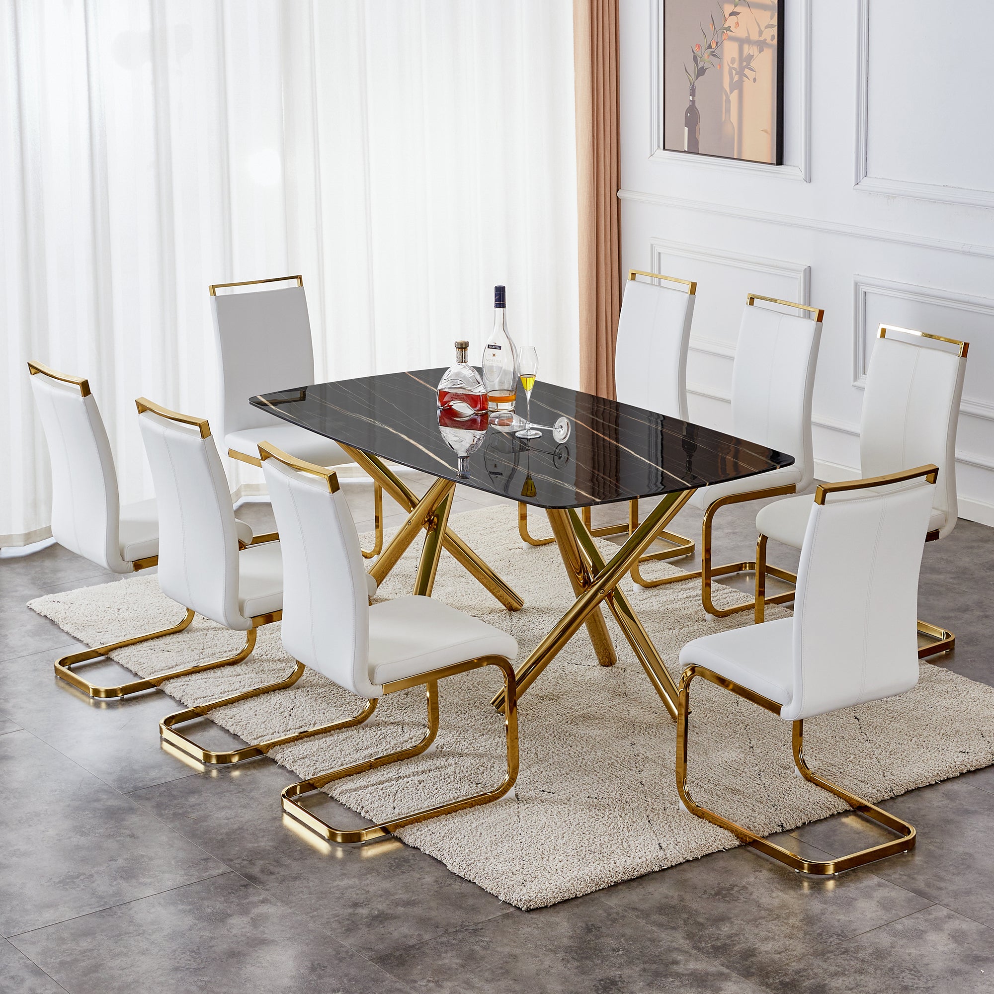 6-8 Seater Modern Kitchen Dining Table Rectangular Black Marble Table Top with Gold Metal Legs_3