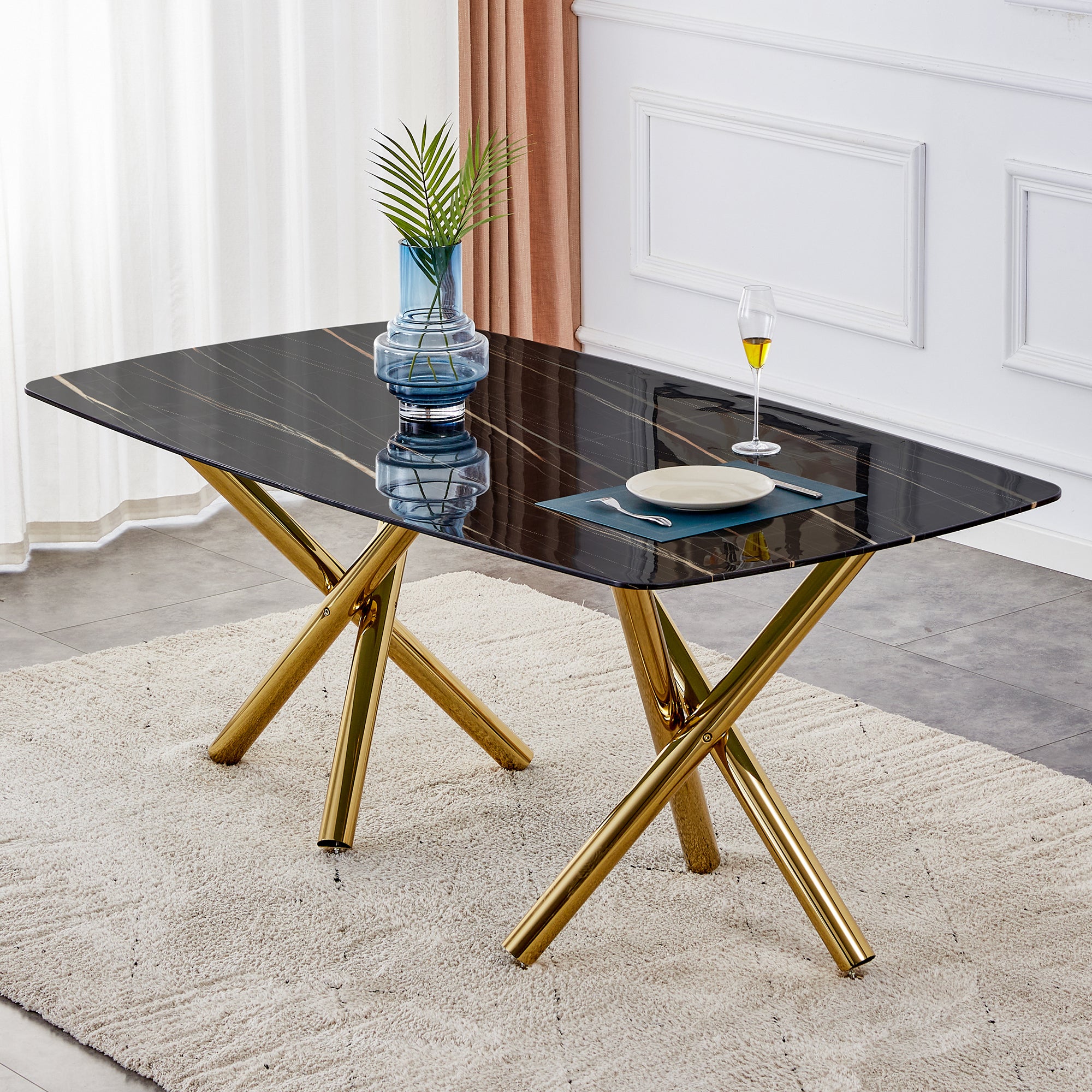 6-8 Seater Modern Kitchen Dining Table Rectangular Black Marble Table Top with Gold Metal Legs_0