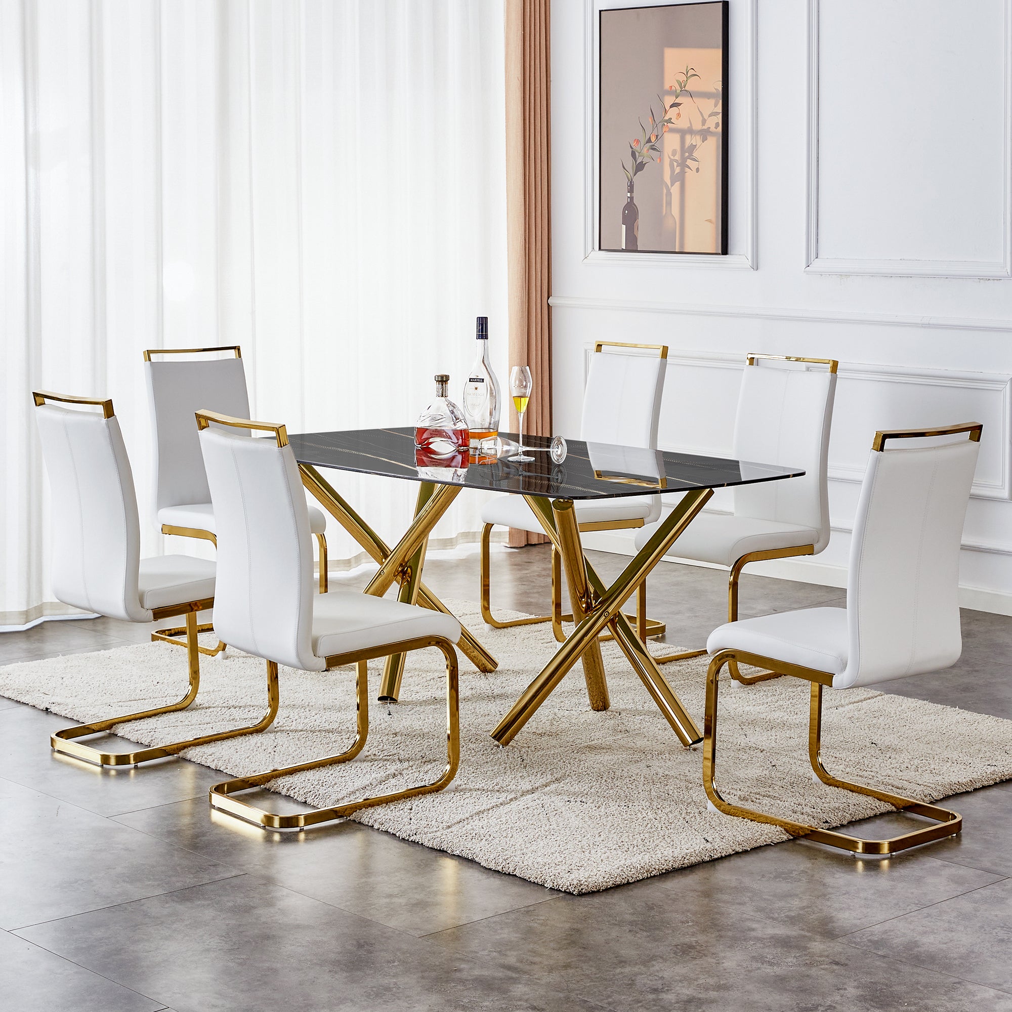 6-8 Seater Modern Kitchen Dining Table Rectangular Black Marble Table Top with Gold Metal Legs_4