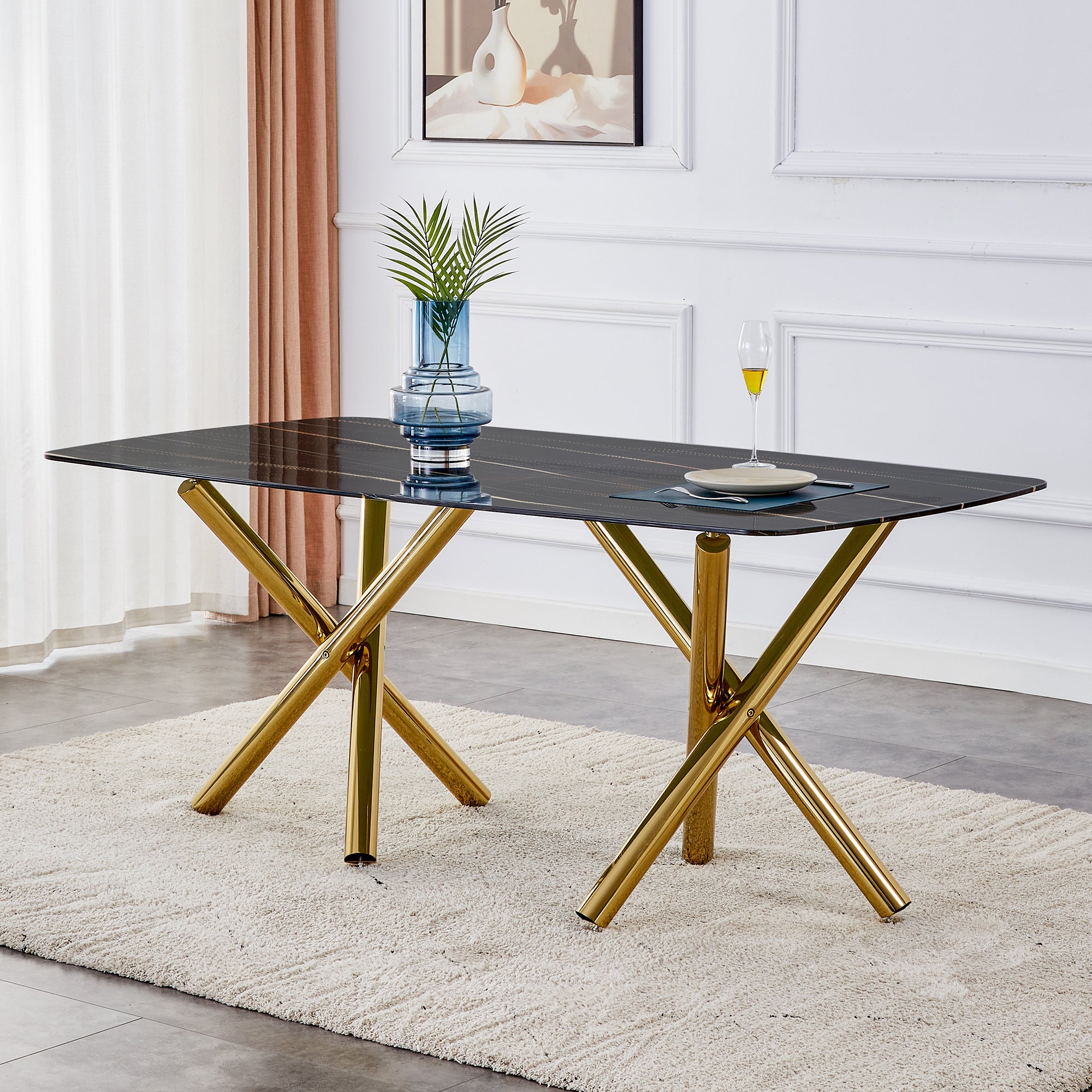 6-8 Seater Modern Kitchen Dining Table Rectangular Black Marble Table Top with Gold Metal Legs_1