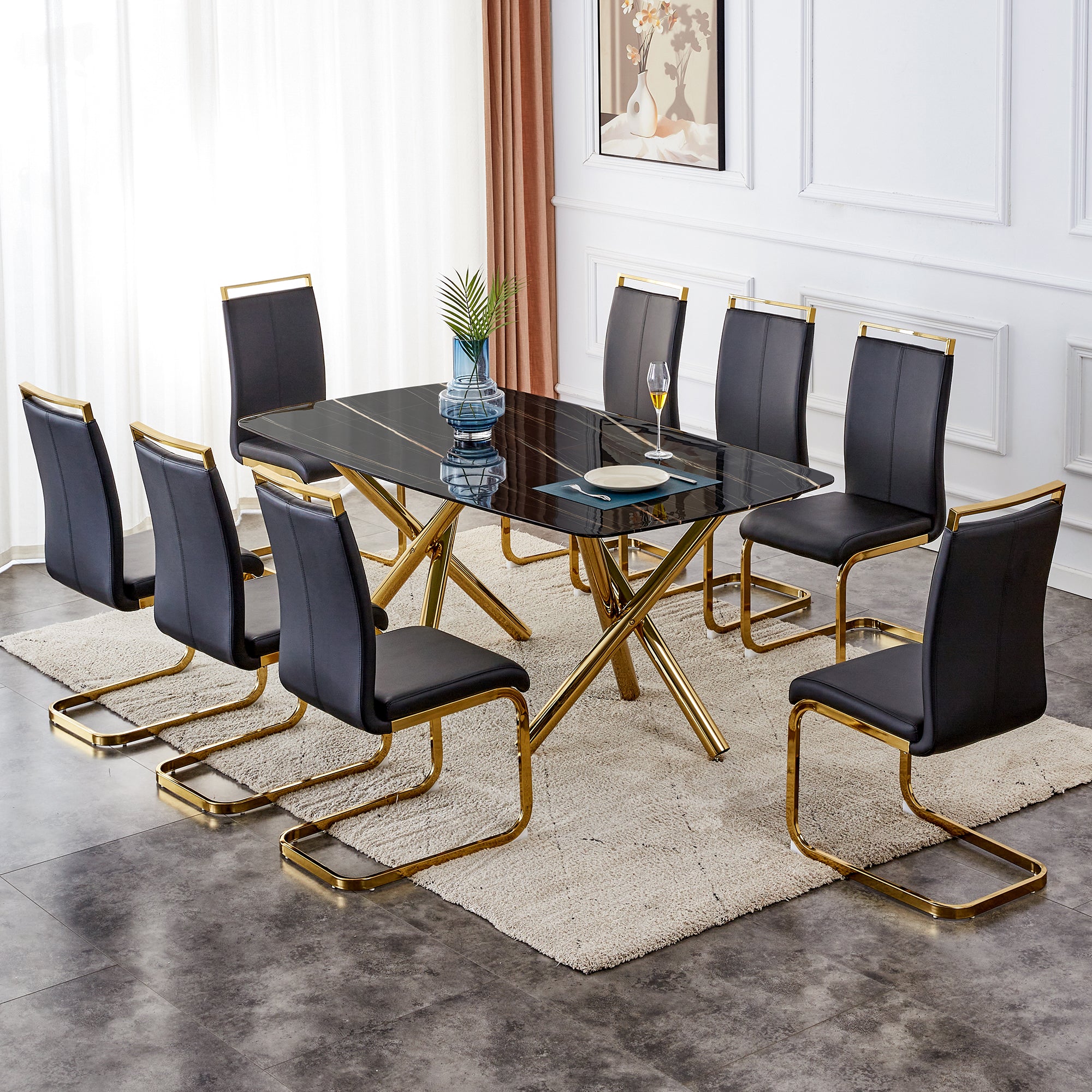 6-8 Seater Modern Kitchen Dining Table Rectangular Black Marble Table Top with Gold Metal Legs_8