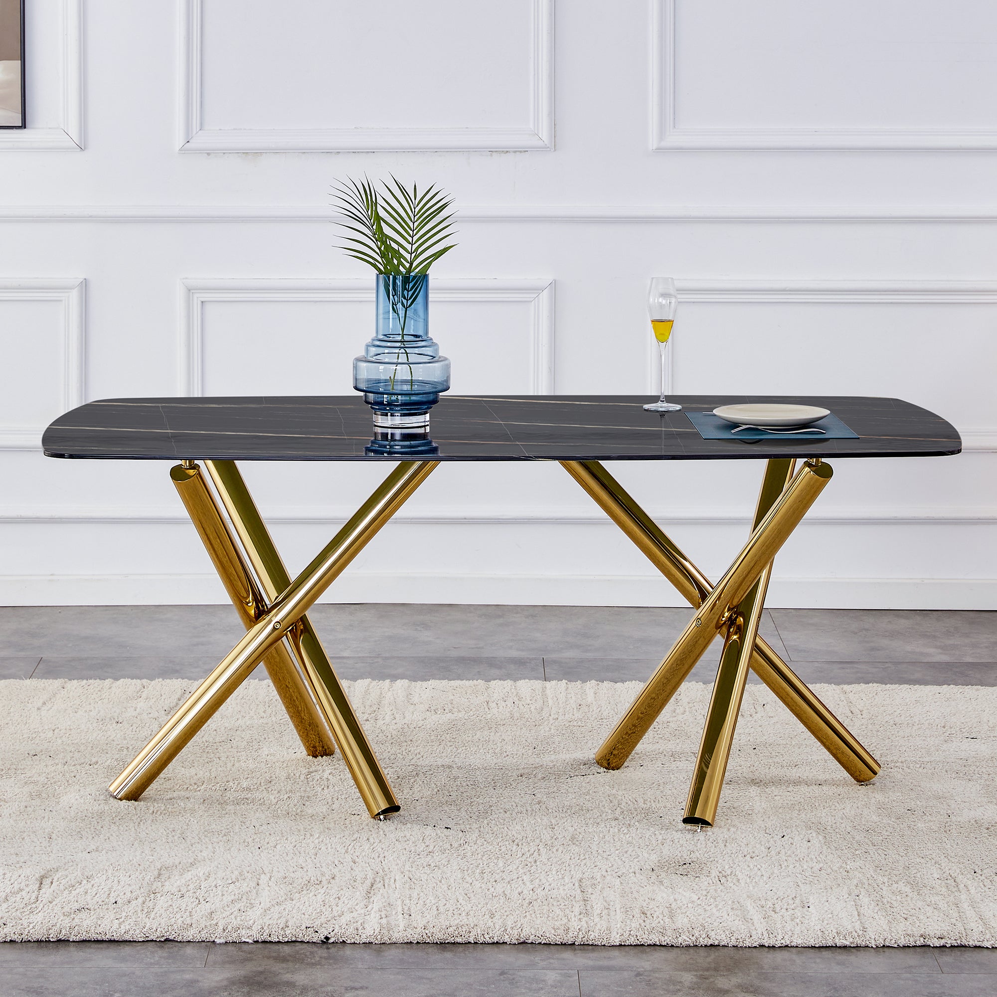 6-8 Seater Modern Kitchen Dining Table Rectangular Black Marble Table Top with Gold Metal Legs_2