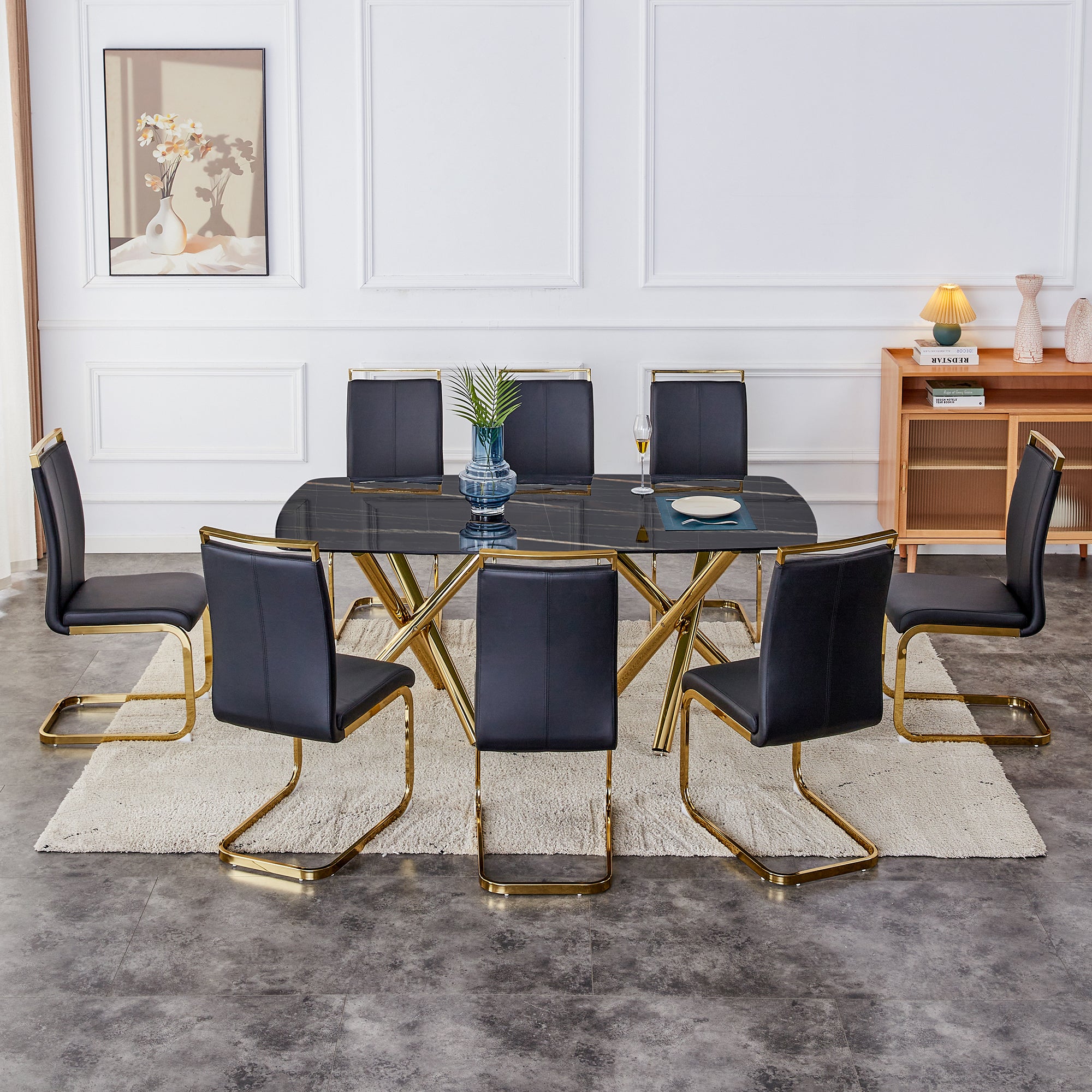 6-8 Seater Modern Kitchen Dining Table Rectangular Black Marble Table Top with Gold Metal Legs_7