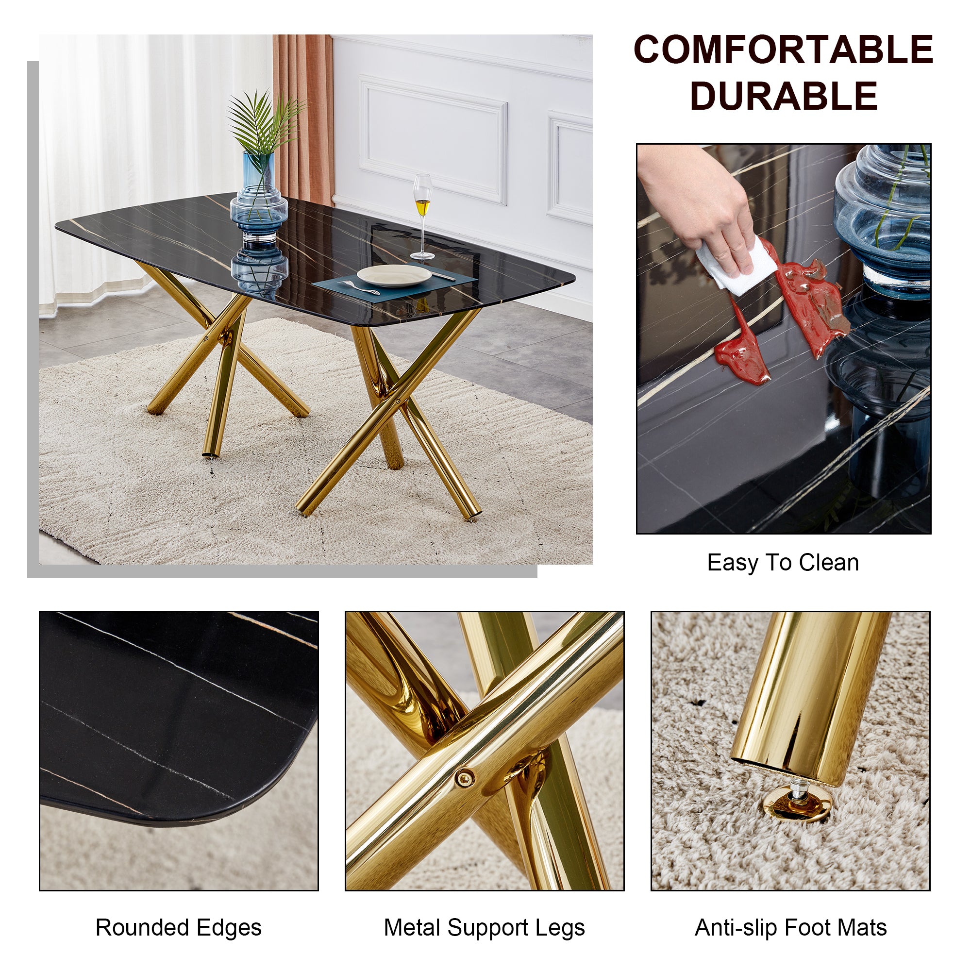 6-8 Seater Modern Kitchen Dining Table Rectangular Black Marble Table Top with Gold Metal Legs_10
