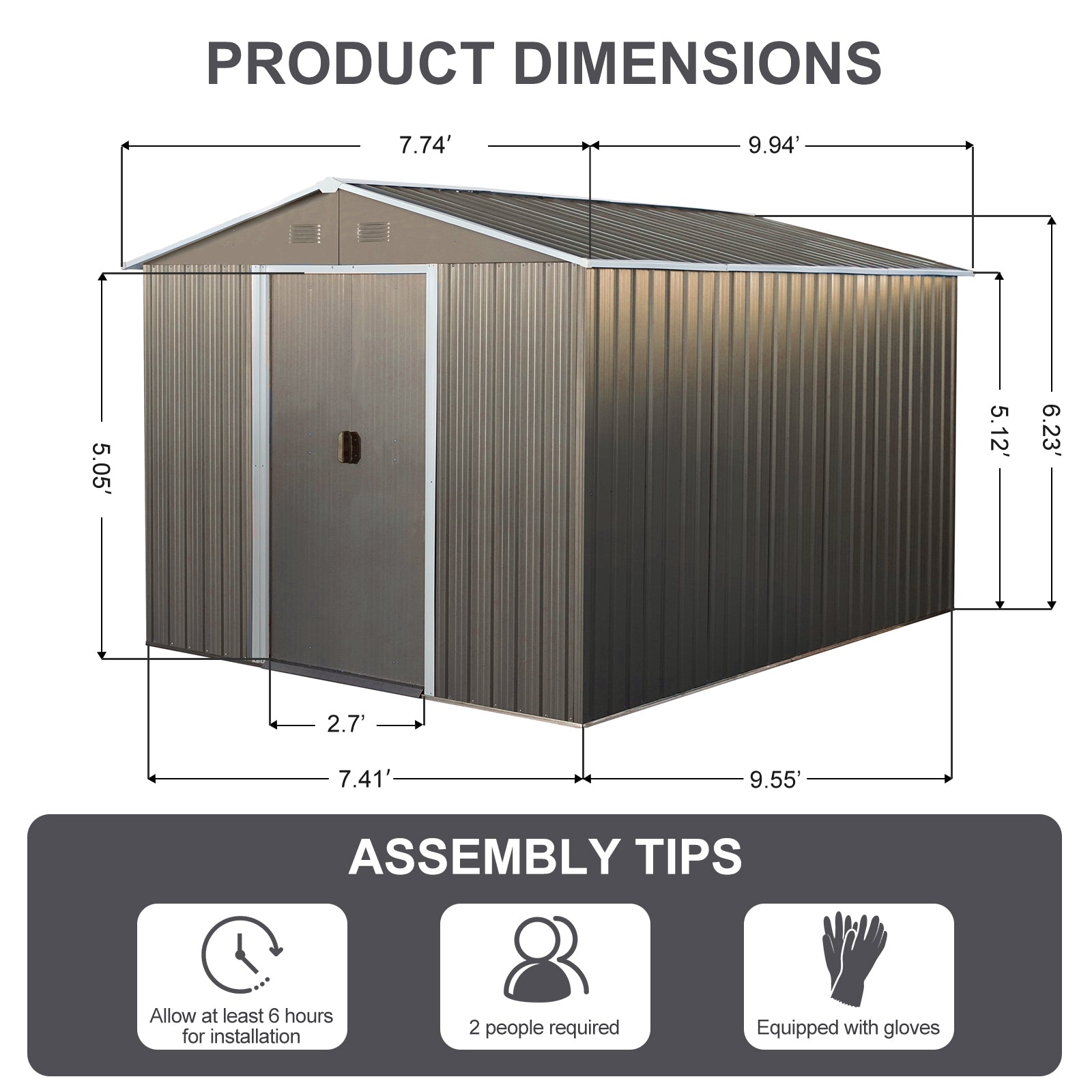 8x10ft Strong and Sturdy Outdoor Metal Storage Shed with Metal Floor Frame-Gray_4