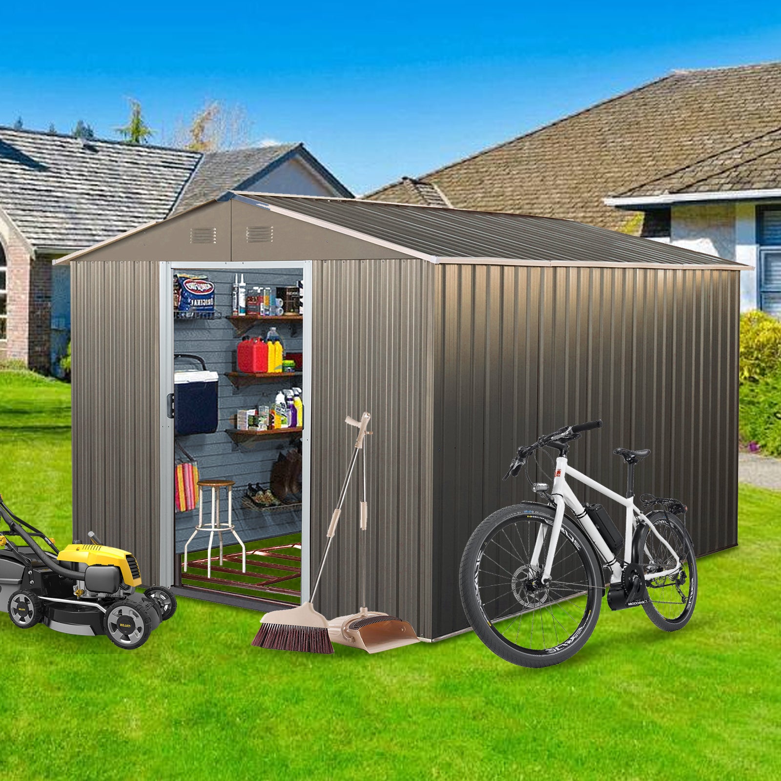 8x10ft Strong and Sturdy Outdoor Metal Storage Shed with Metal Floor Frame-Gray_0