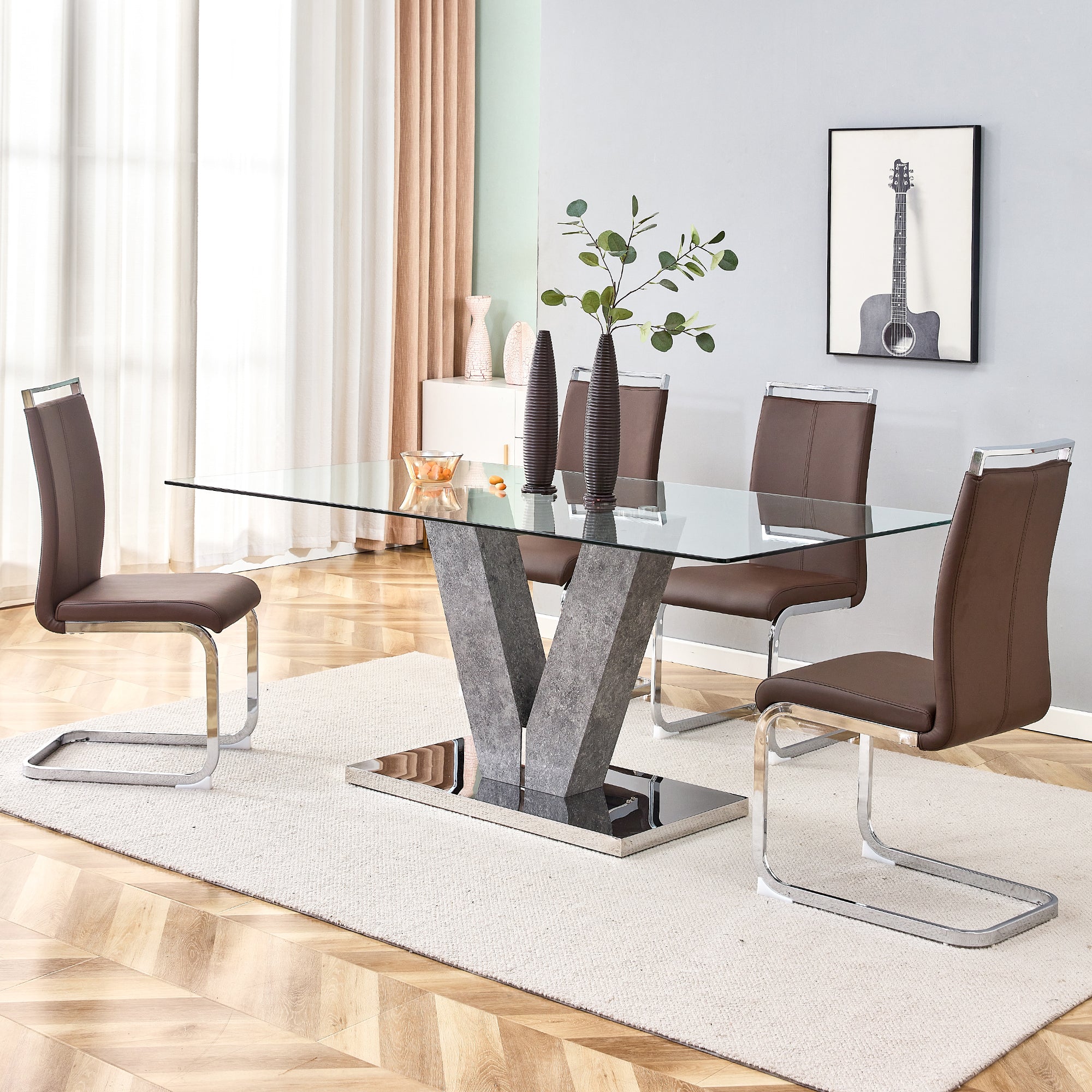 6-8 Seater Modern Minimalist 0.4" Tempered Glass Tabletop and V-Shaped Slab Legs- Grey, Silver_2