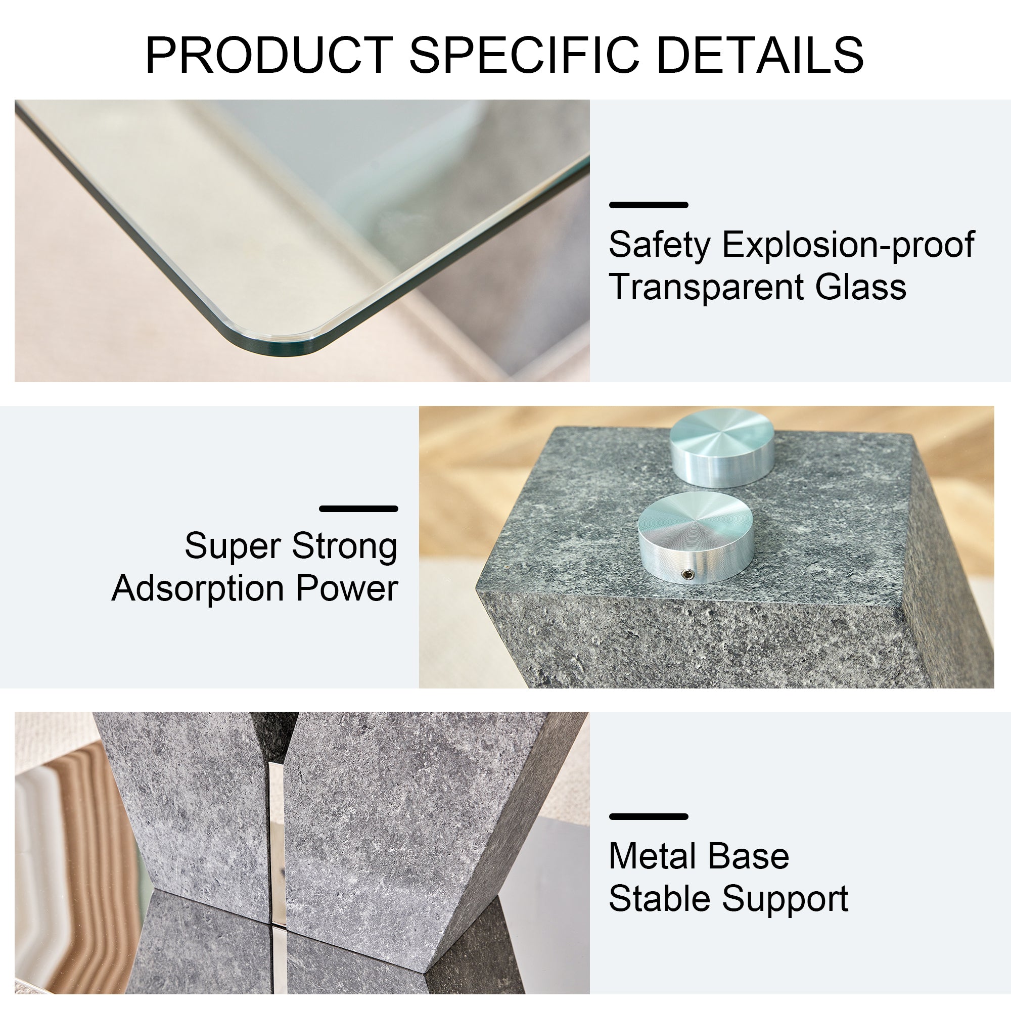 6-8 Seater Modern Minimalist 0.4" Tempered Glass Tabletop and V-Shaped Slab Legs- Grey, Silver_20