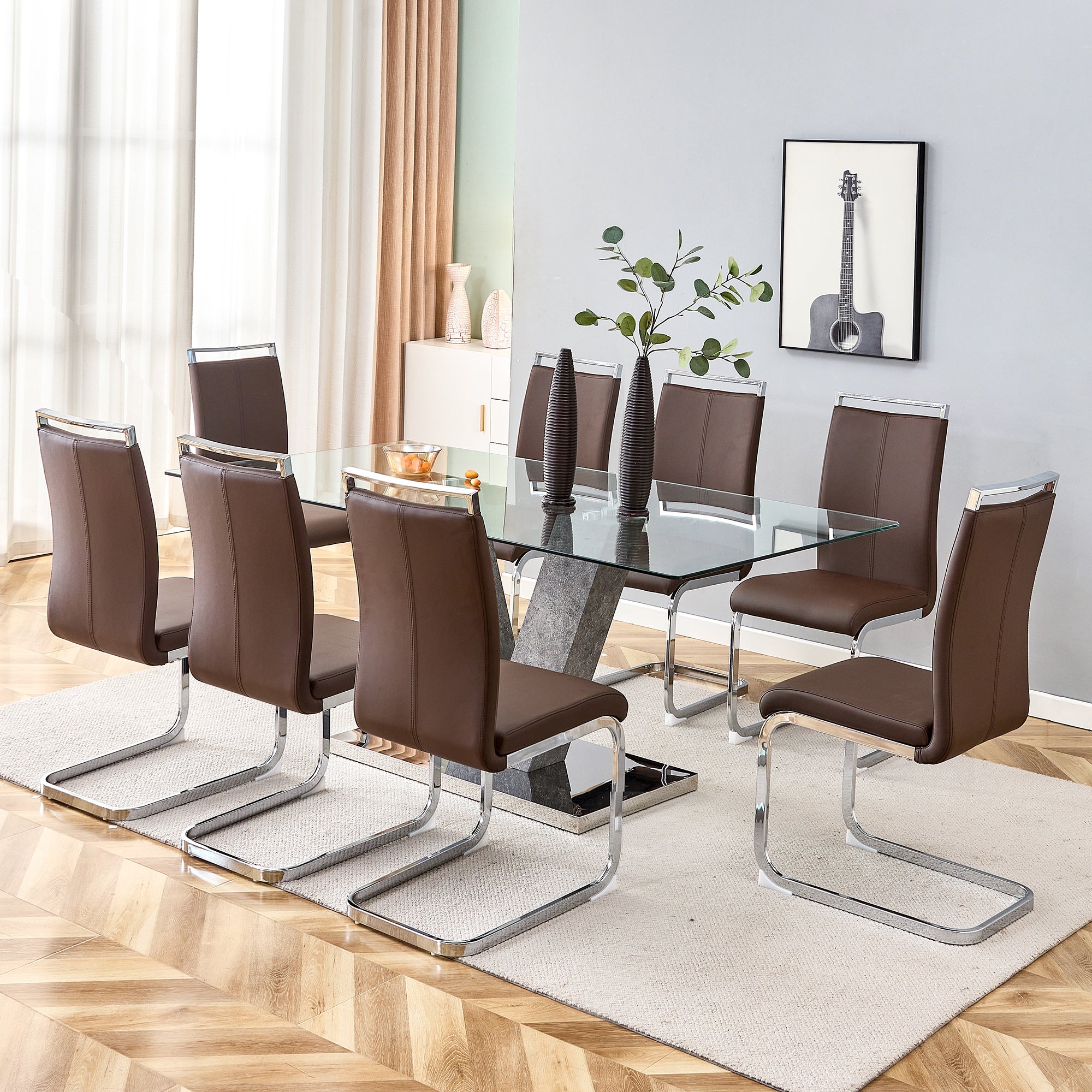 6-8 Seater Modern Minimalist 0.4" Tempered Glass Tabletop and V-Shaped Slab Legs- Grey, Silver_3