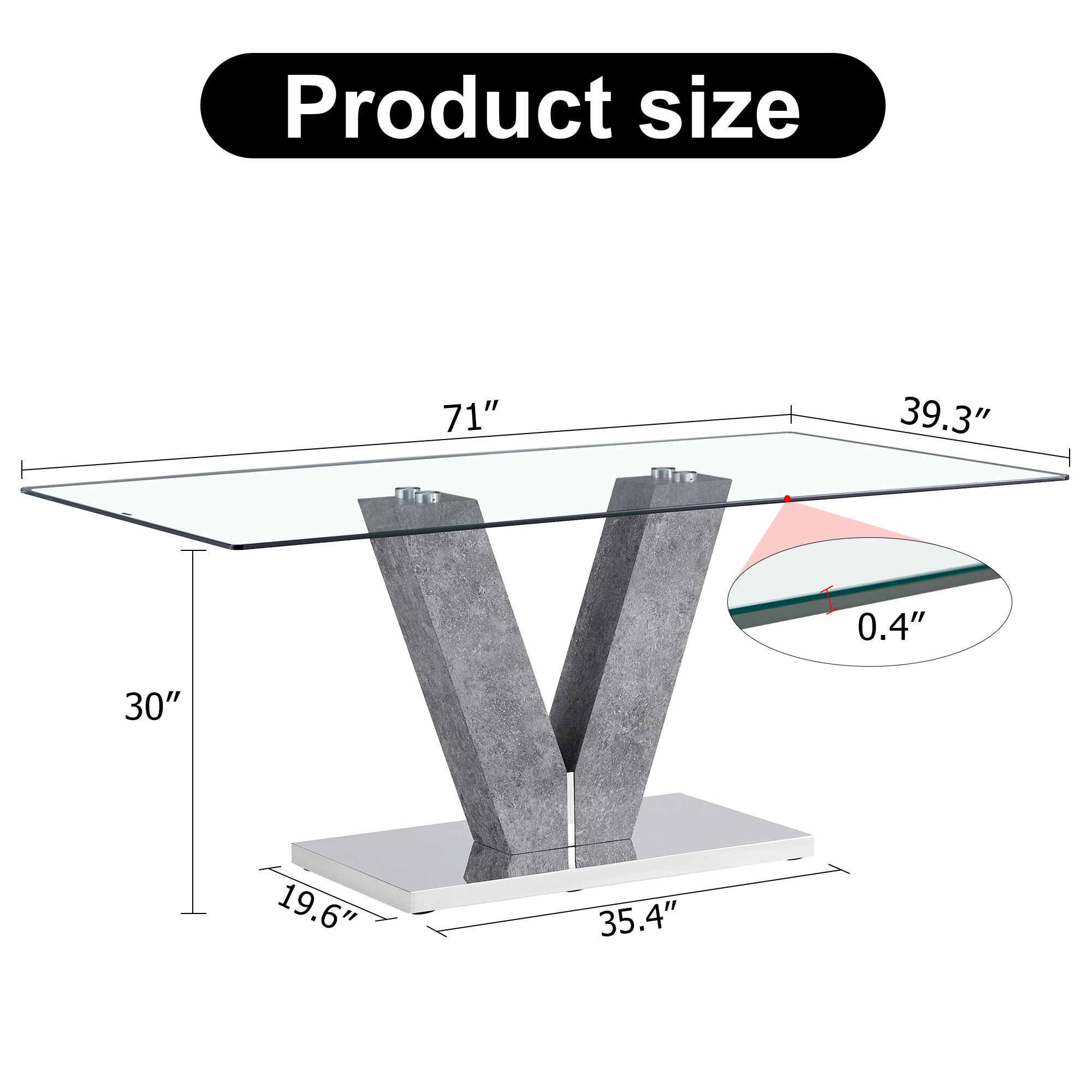 6-8 Seater Modern Minimalist 0.4" Tempered Glass Tabletop and V-Shaped Slab Legs- Grey, Silver_24
