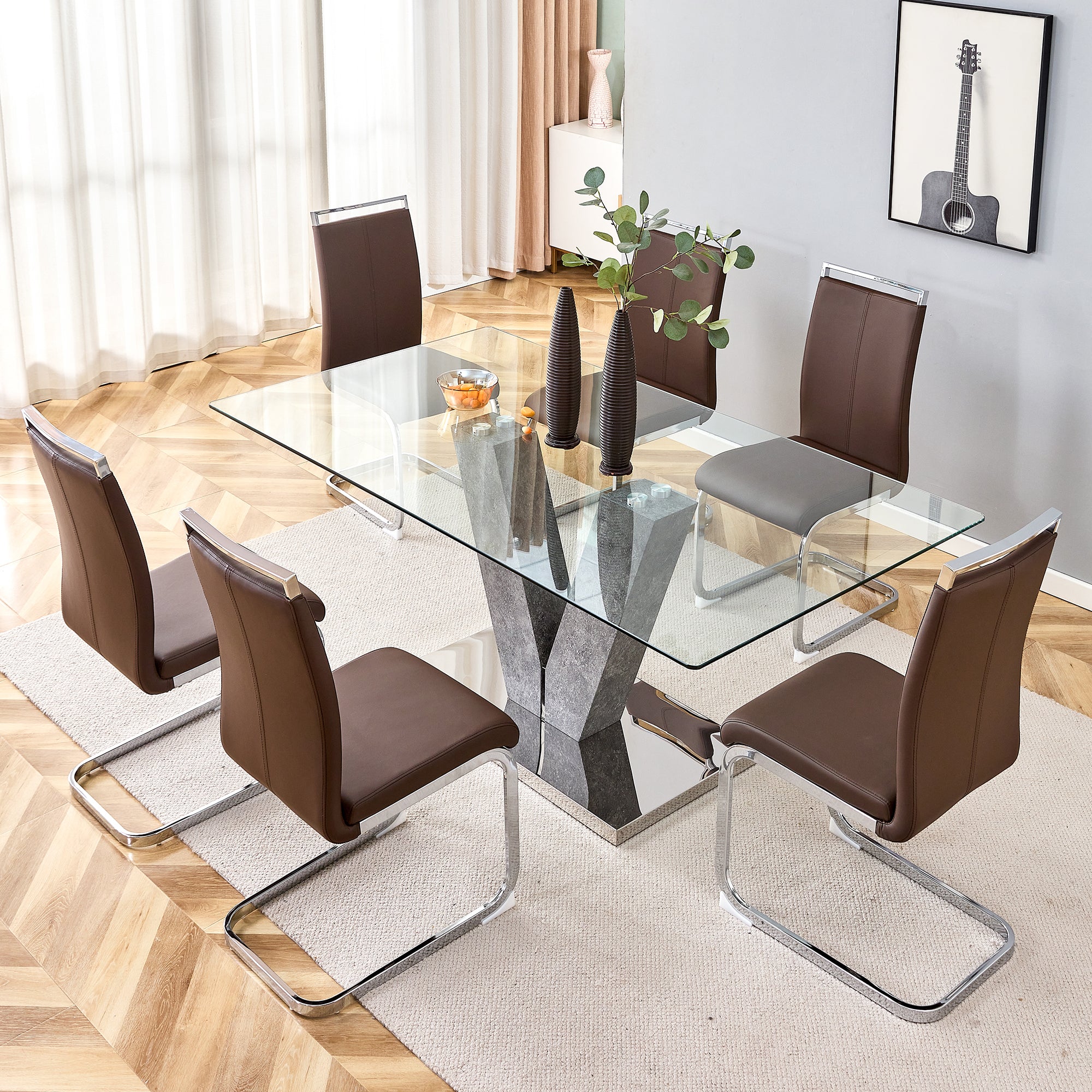 6-8 Seater Modern Minimalist 0.4" Tempered Glass Tabletop and V-Shaped Slab Legs- Grey, Silver_4
