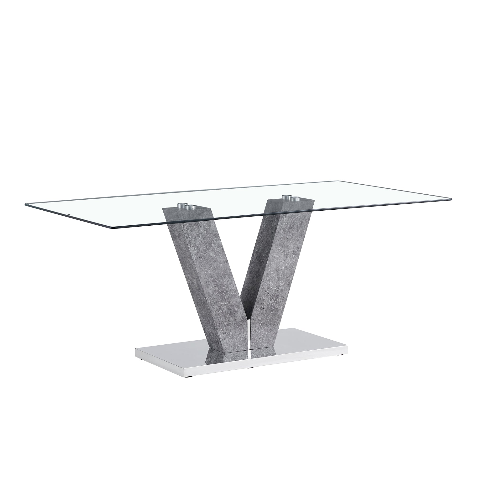 6-8 Seater Modern Minimalist 0.4" Tempered Glass Tabletop and V-Shaped Slab Legs- Grey, Silver_17
