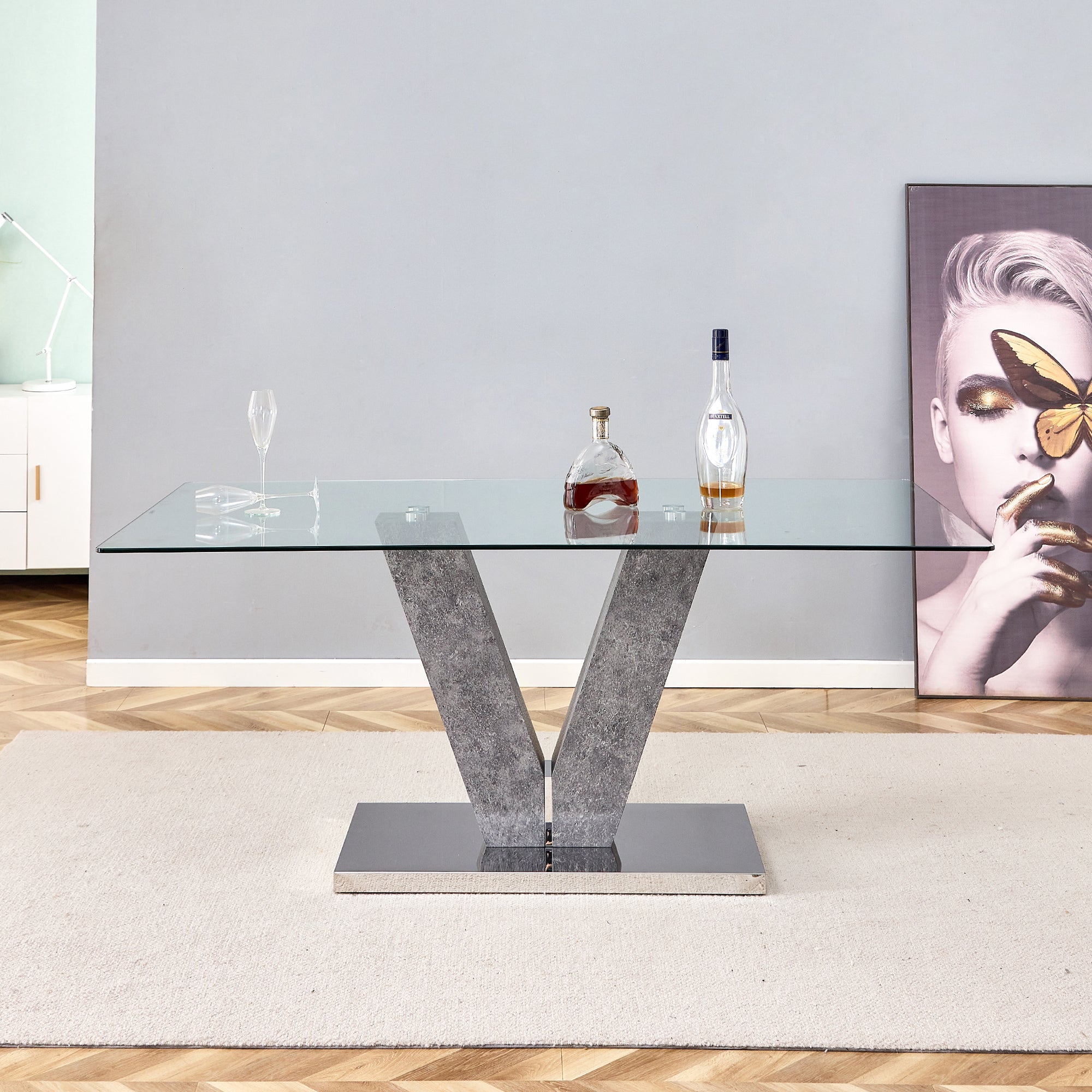 6-8 Seater Modern Minimalist 0.4" Tempered Glass Tabletop and V-Shaped Slab Legs- Grey, Silver_6