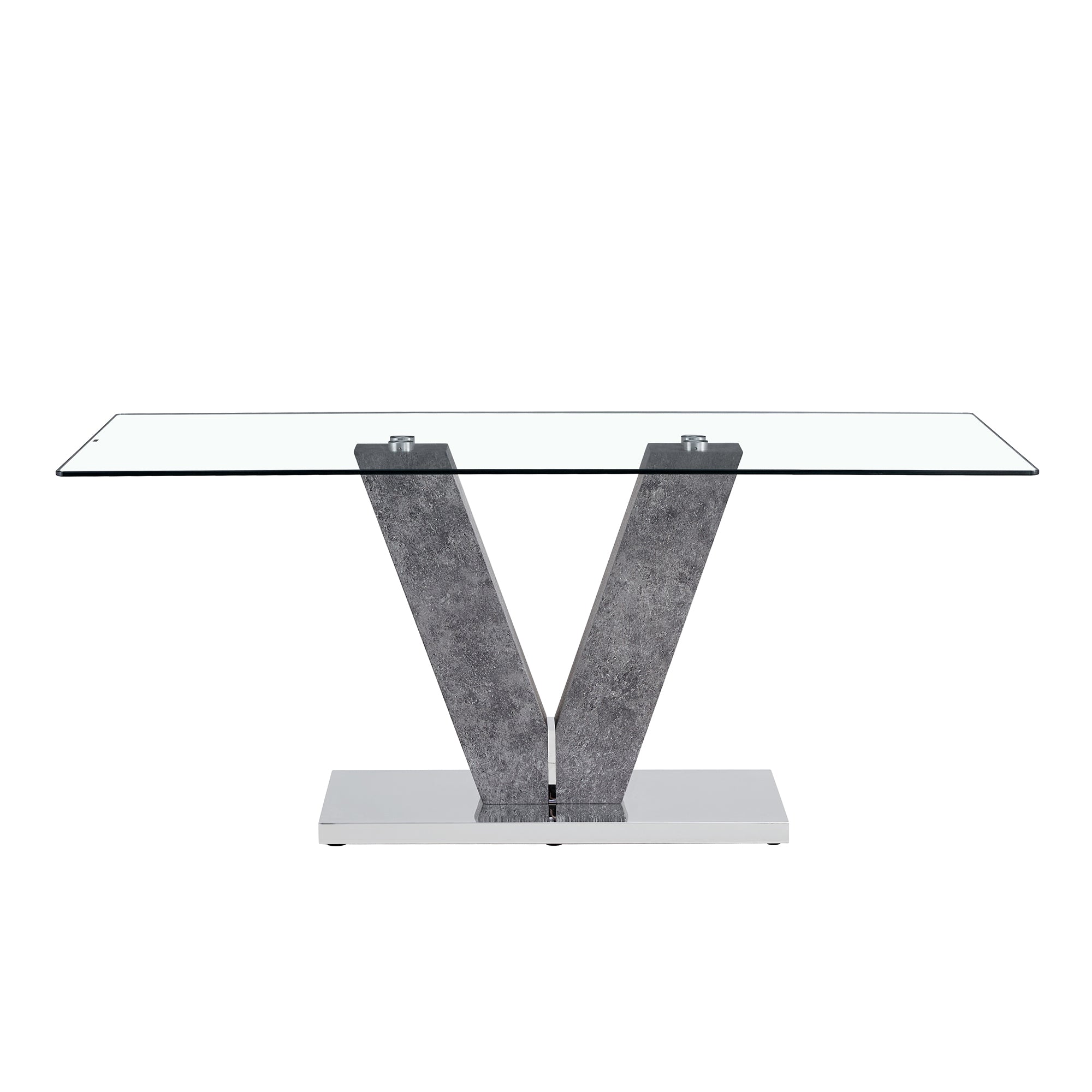 6-8 Seater Modern Minimalist 0.4" Tempered Glass Tabletop and V-Shaped Slab Legs- Grey, Silver_18