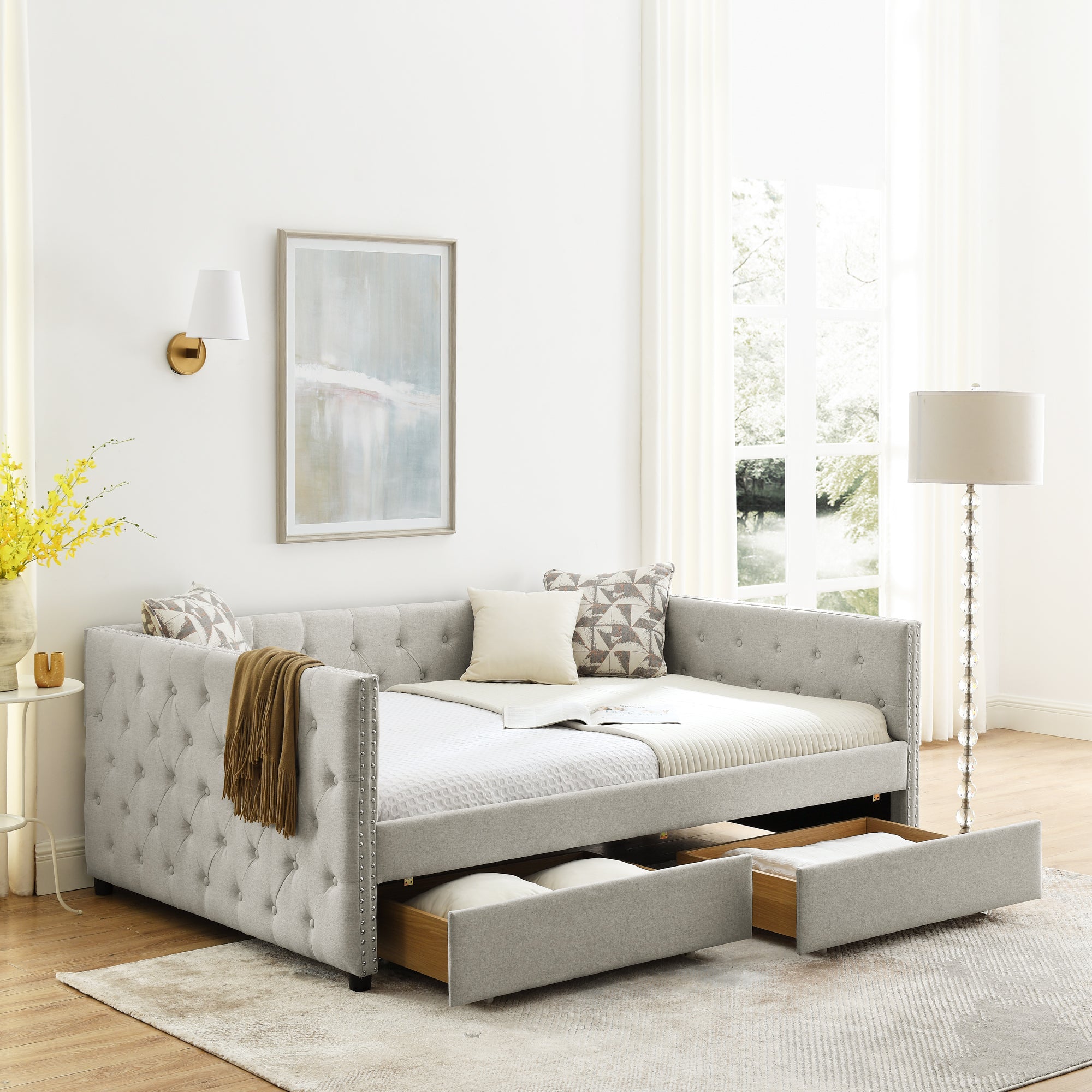 Two Drawers Tufted Twin Size Daybed with Button and Nail Heads on Square Arms- Beige_0