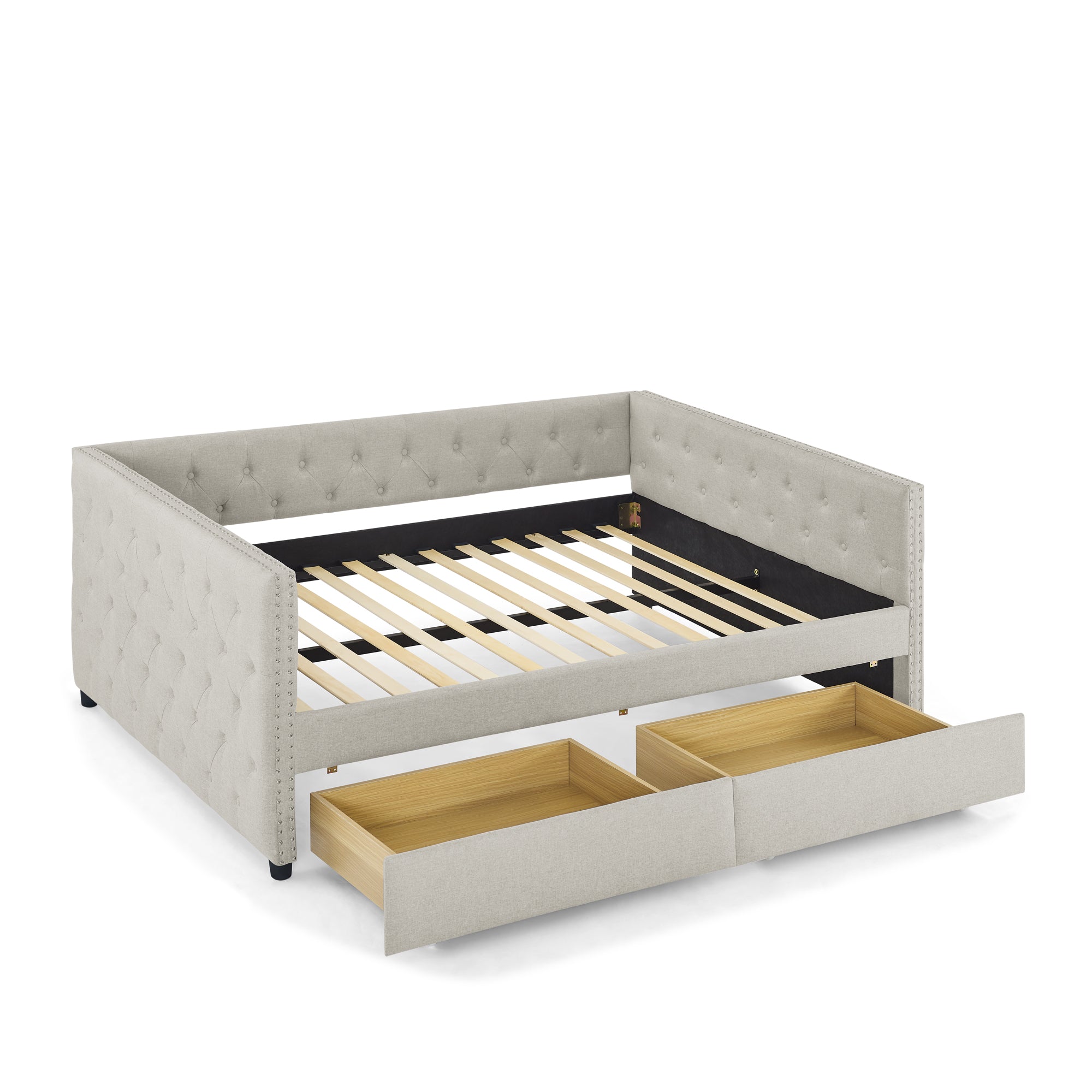 Two Drawers Tufted Twin Size Daybed with Button and Nail Heads on Square Arms- Beige_10
