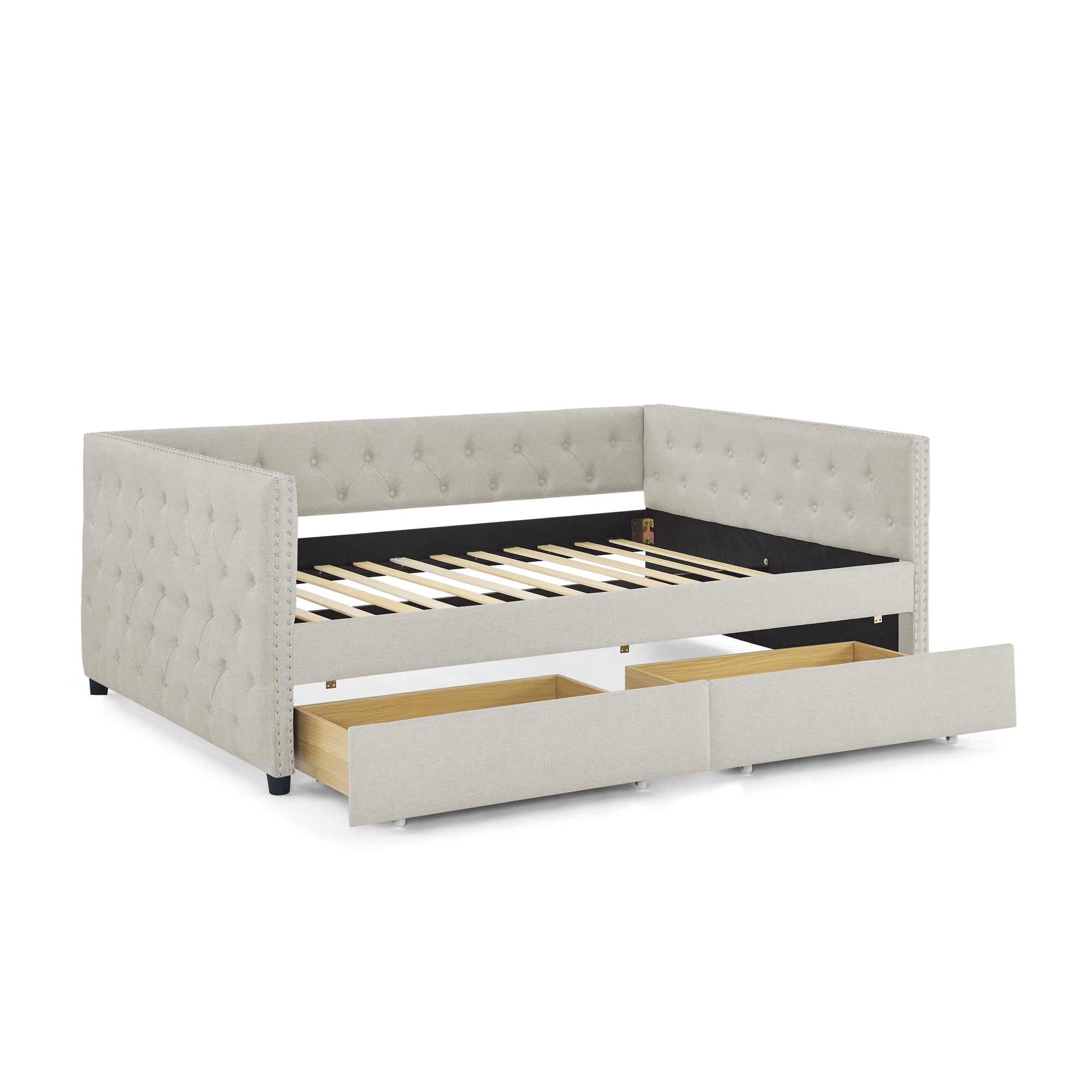 Two Drawers Tufted Twin Size Daybed with Button and Nail Heads on Square Arms- Beige_9