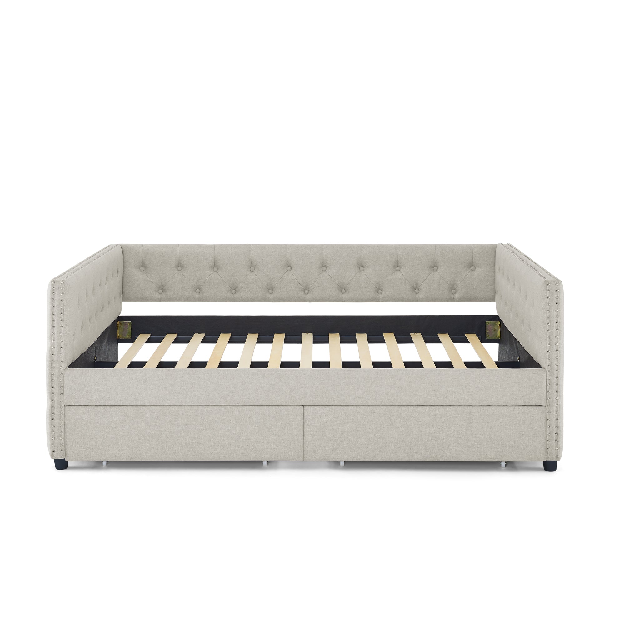 Two Drawers Tufted Twin Size Daybed with Button and Nail Heads on Square Arms- Beige_7