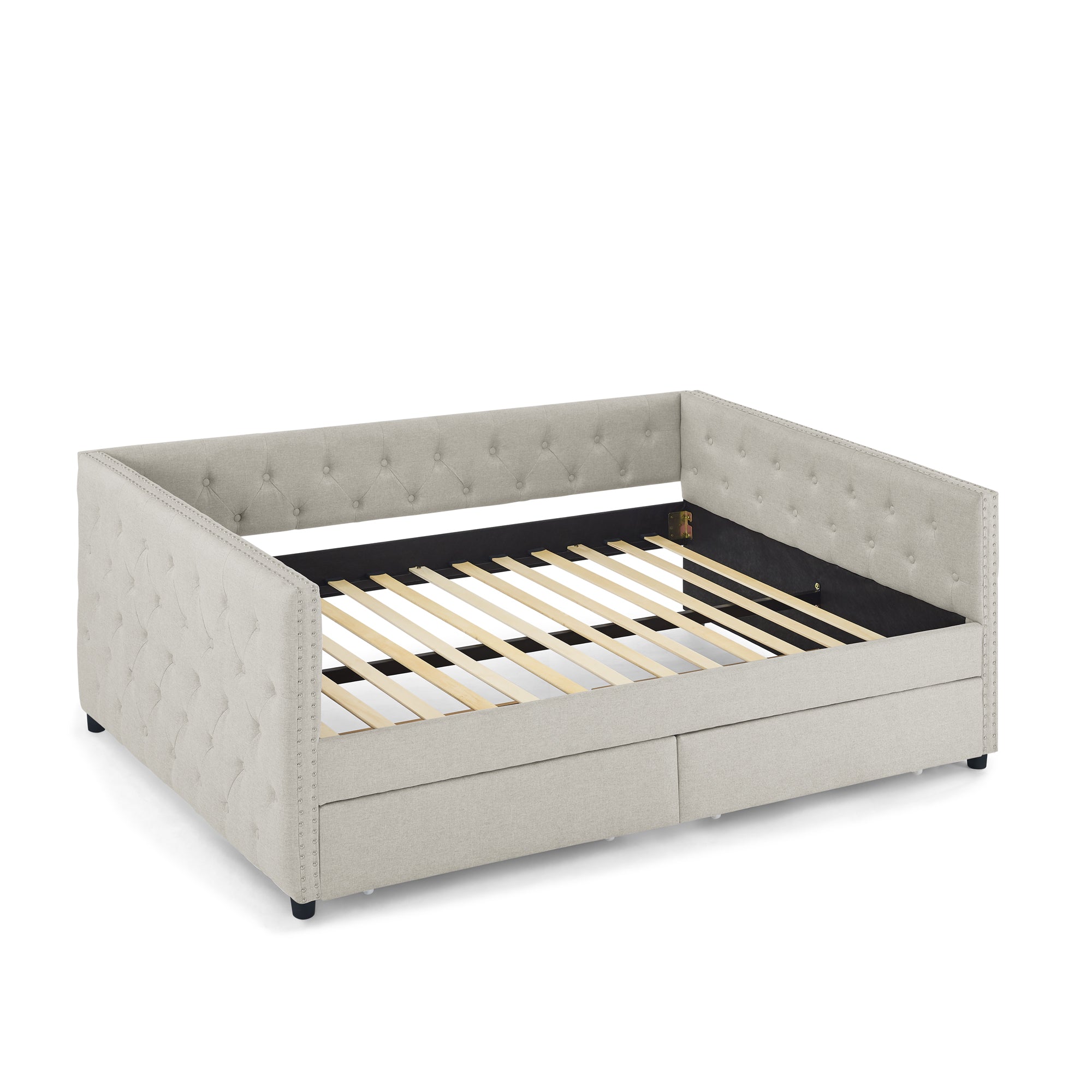 Two Drawers Tufted Twin Size Daybed with Button and Nail Heads on Square Arms- Beige_5