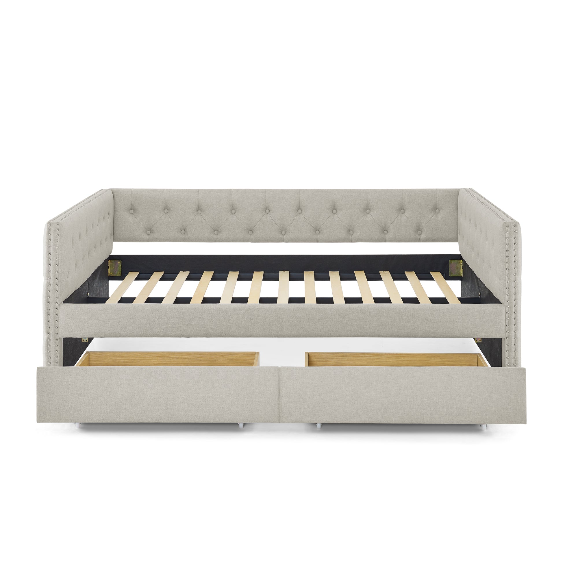 Two Drawers Tufted Twin Size Daybed with Button and Nail Heads on Square Arms- Beige_8