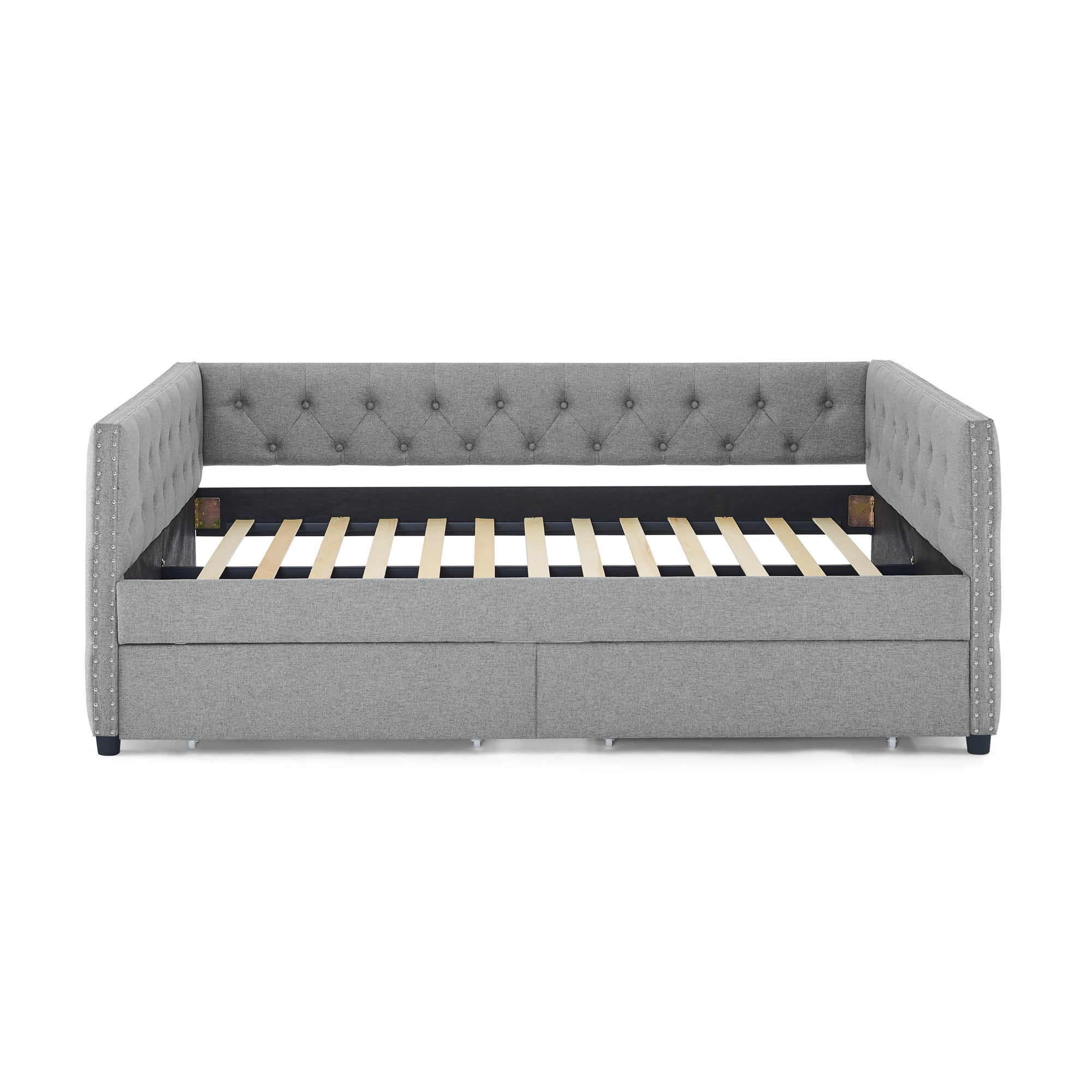 Two Drawers Tufted Twin Size Daybed with Button and Nail Heads on Square Arms- Grey_7