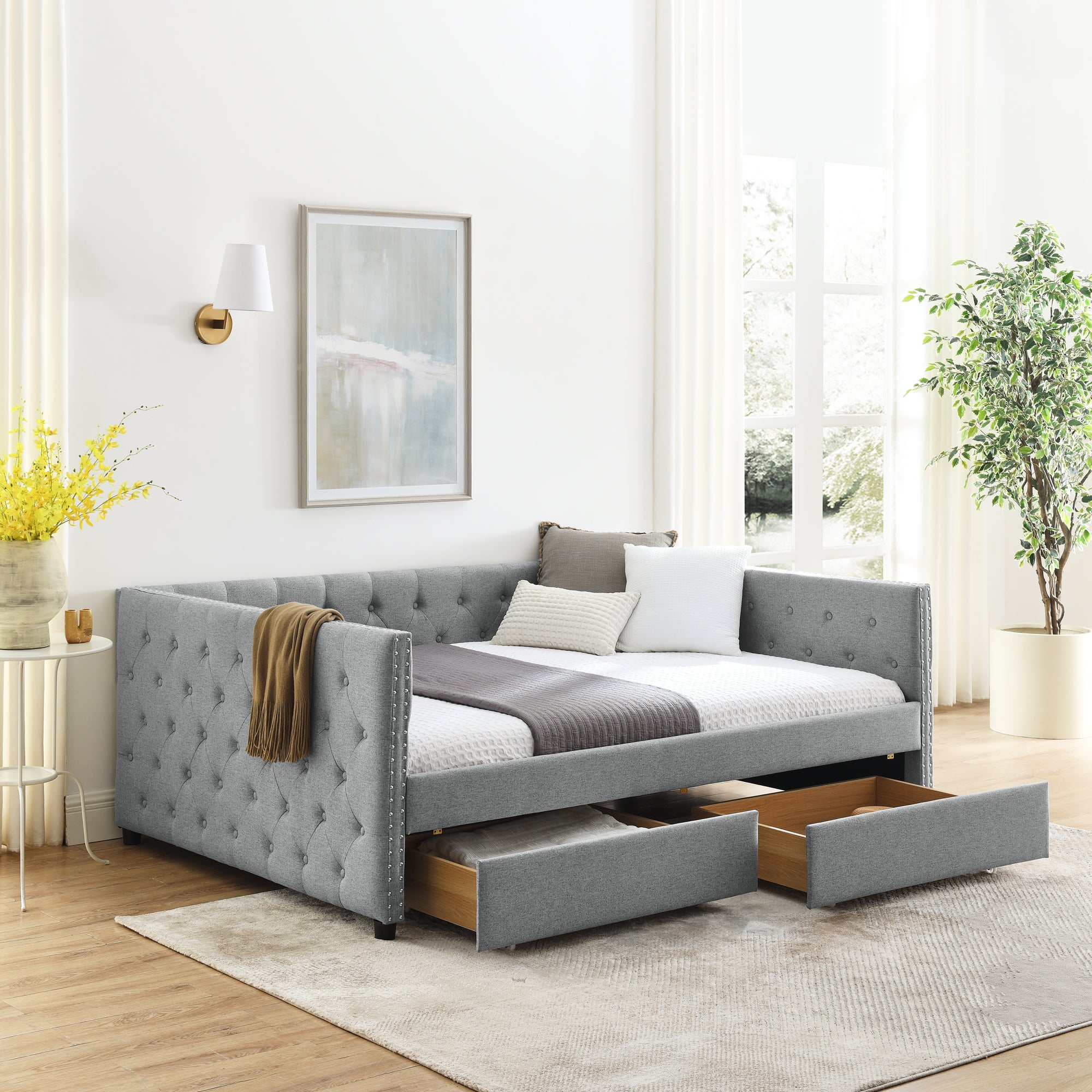 Two Drawers Tufted Twin Size Daybed with Button and Nail Heads on Square Arms- Grey_0
