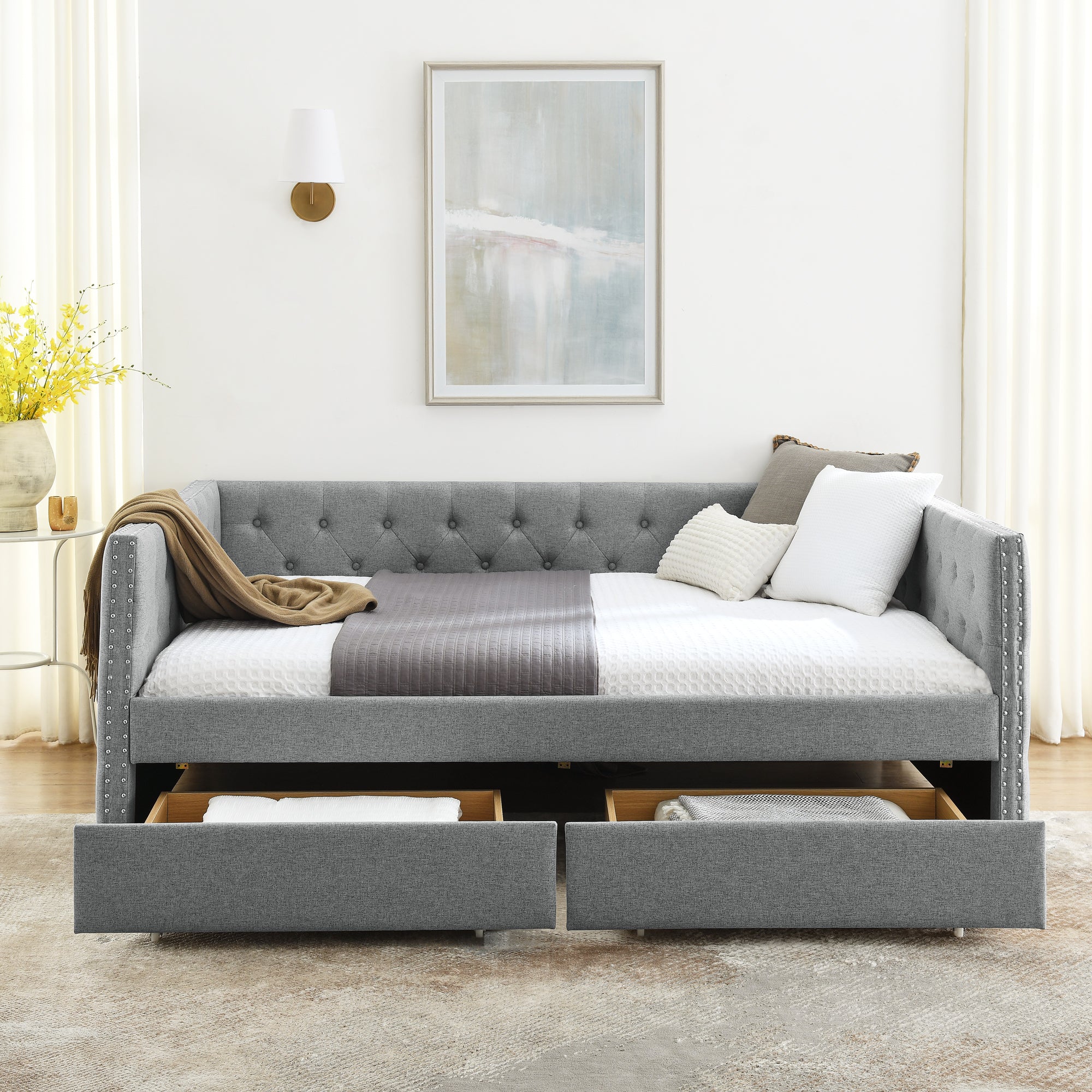 Two Drawers Tufted Twin Size Daybed with Button and Nail Heads on Square Arms- Grey_4