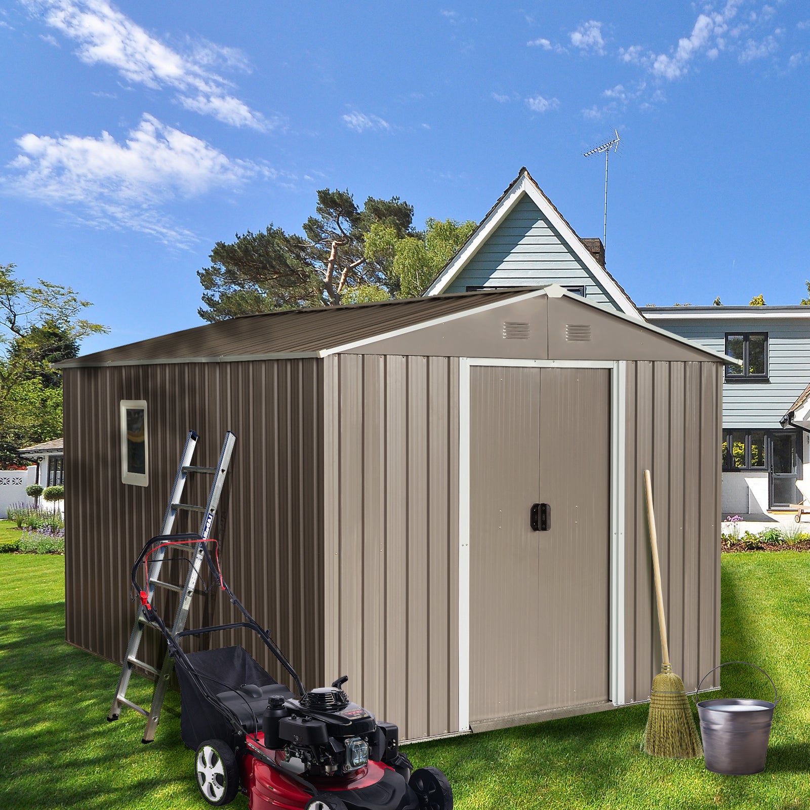 10ft x 8ft Strong and Sturdy Outdoor Metal Storage Shed with Ventilation Window- Grey_0