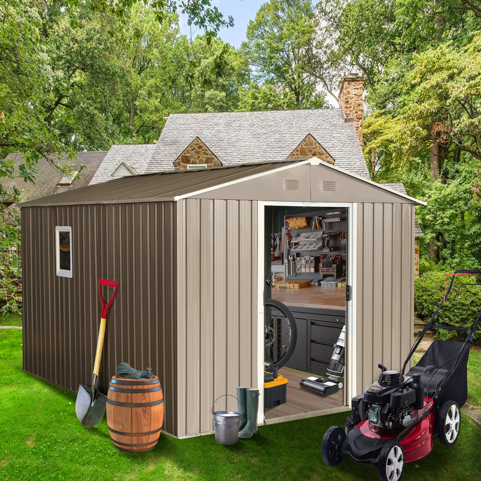 10ft x 8ft Strong and Sturdy Outdoor Metal Storage Shed with Ventilation Window- Grey_1