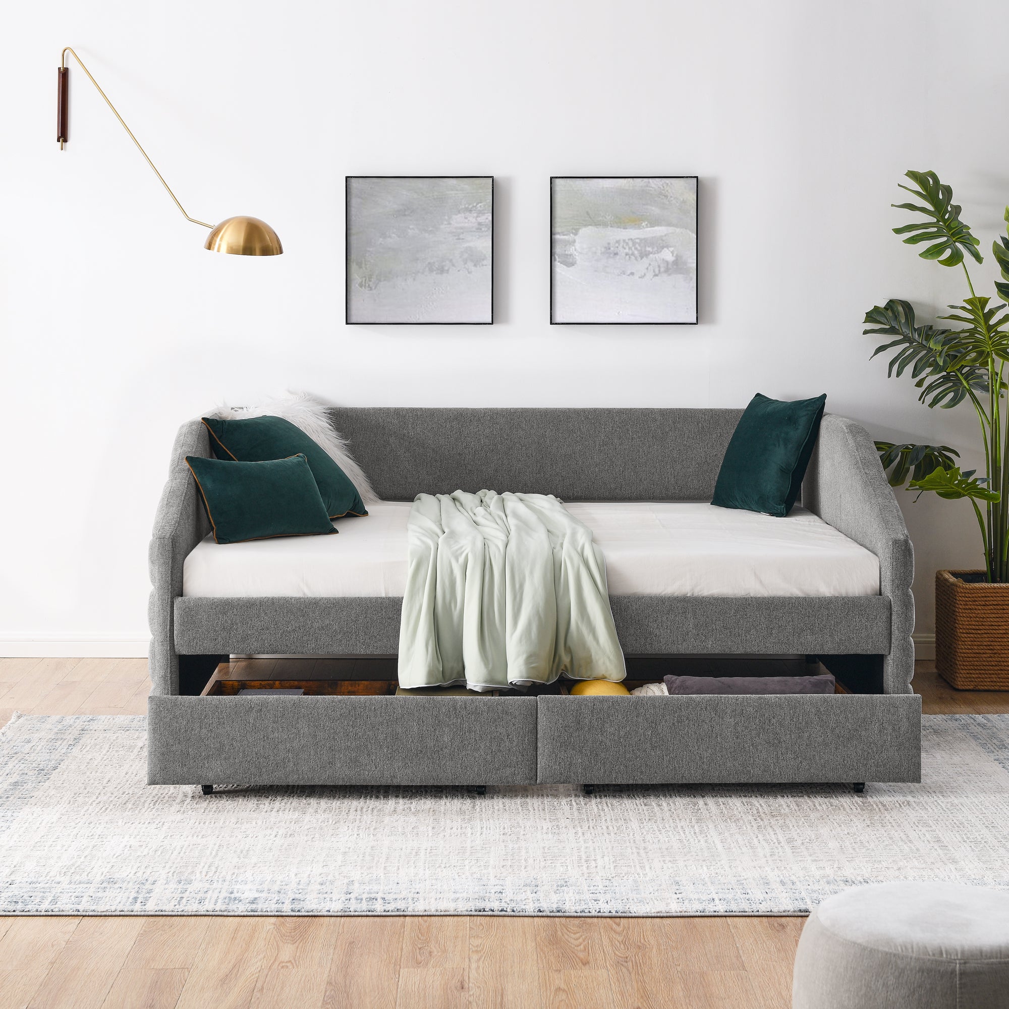 Full Size Daybed with Two Drawers Trundle Upholstered Tufted Sofa Bed- Grey_2