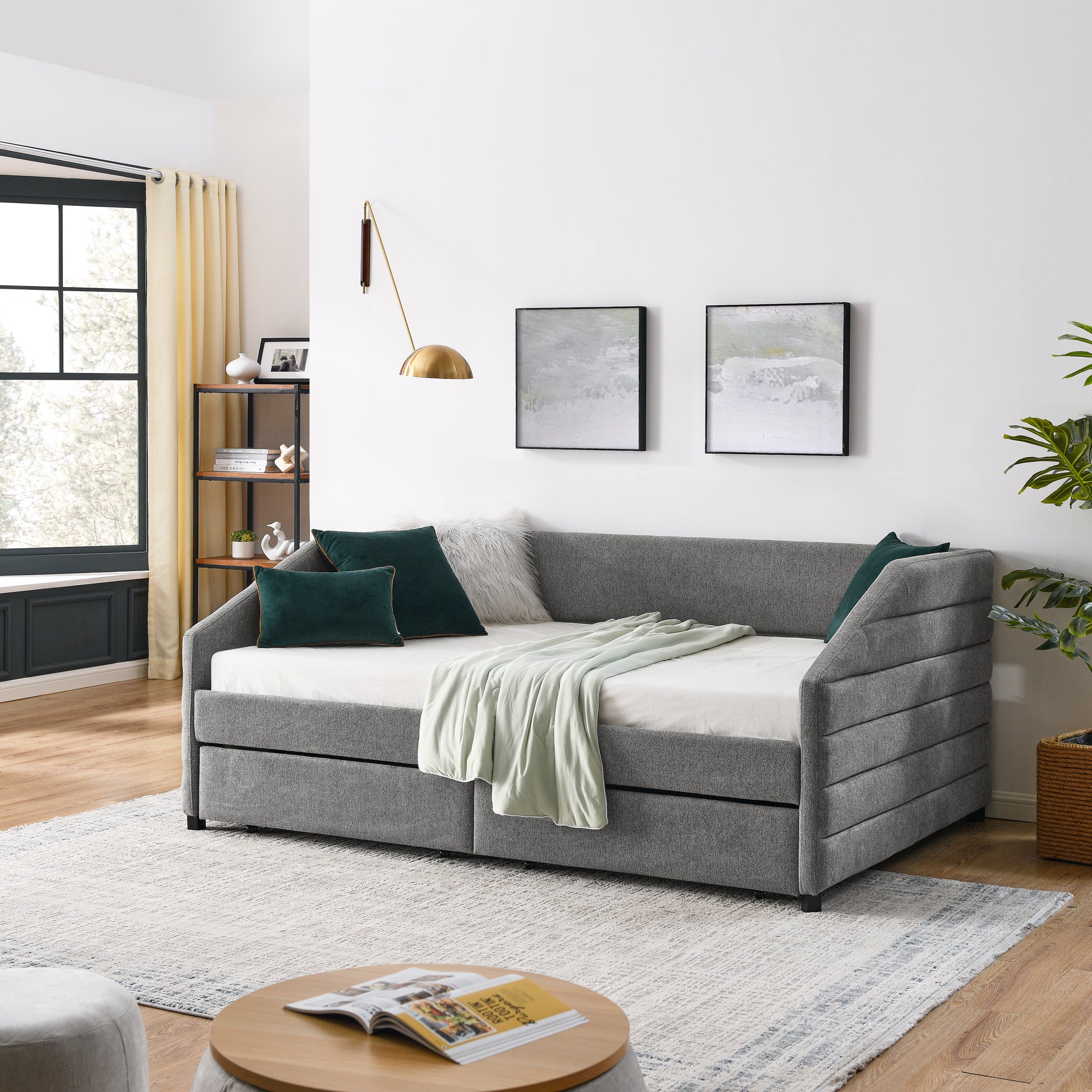 Full Size Daybed with Two Drawers Trundle Upholstered Tufted Sofa Bed- Grey_3