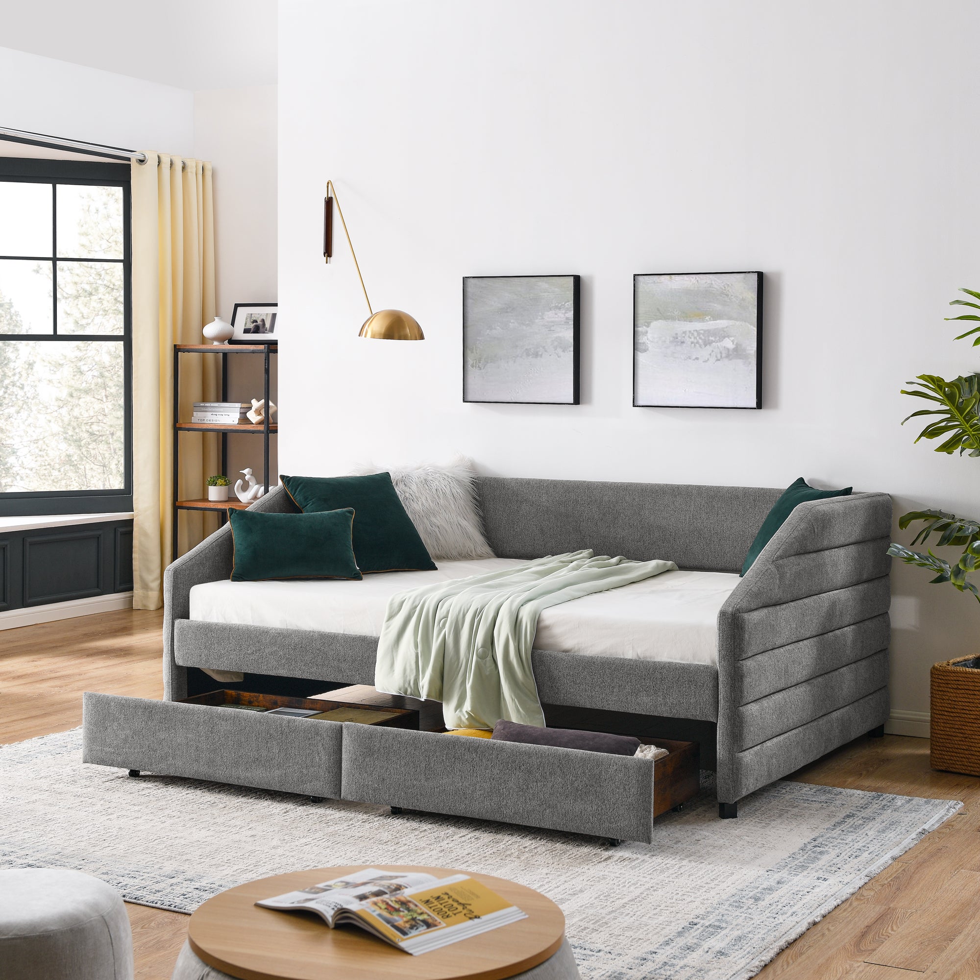 Full Size Daybed with Two Drawers Trundle Upholstered Tufted Sofa Bed- Grey_1