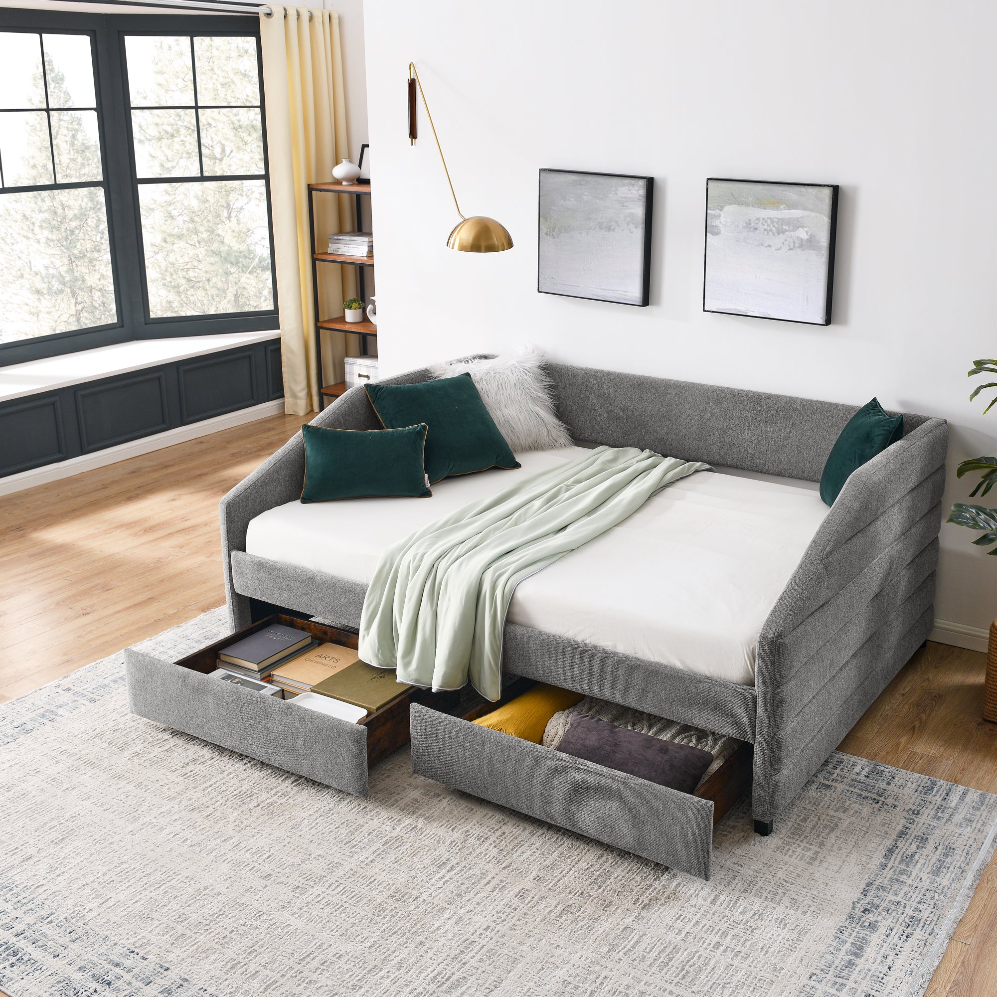 Full Size Daybed with Two Drawers Trundle Upholstered Tufted Sofa Bed- Grey_0