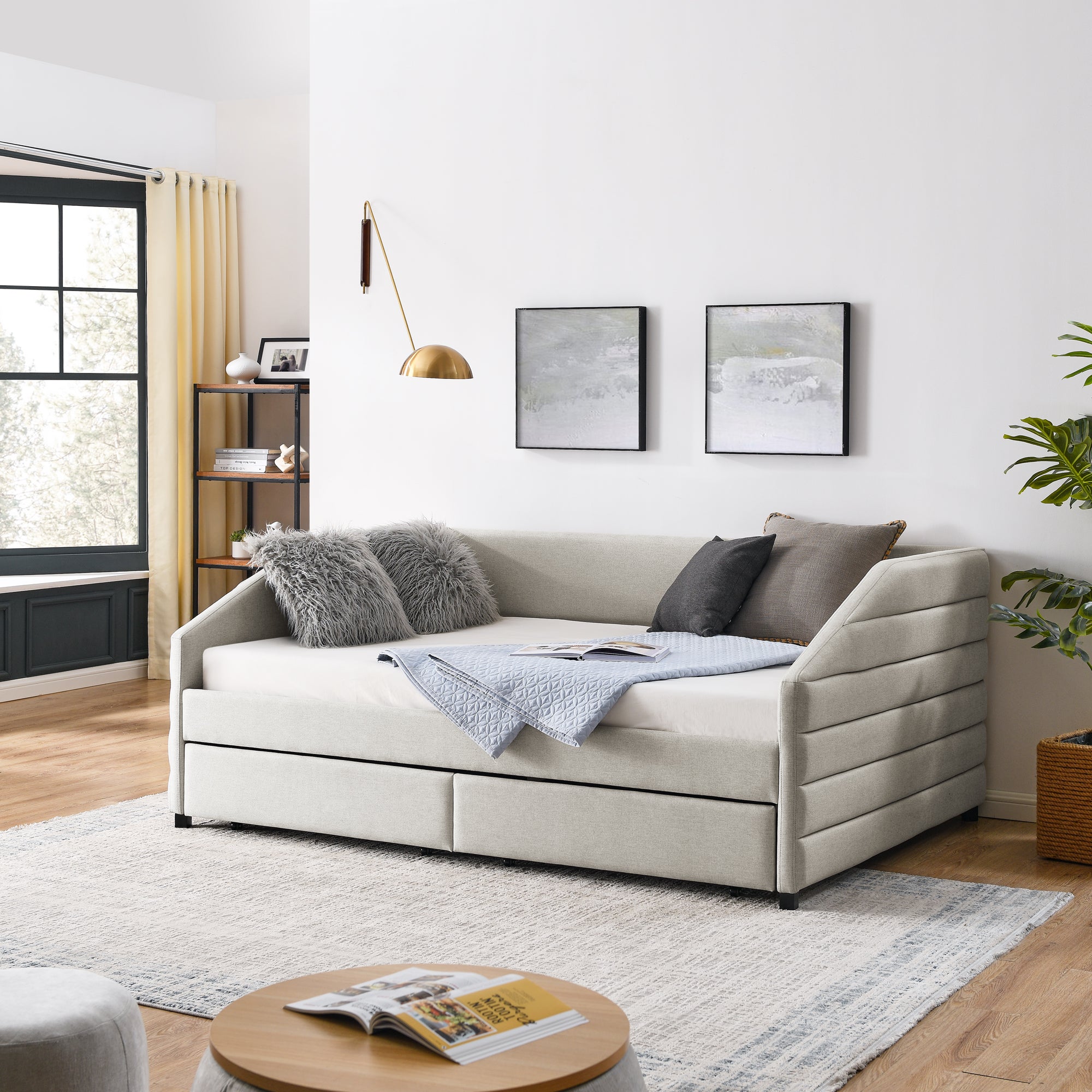 Full Size Daybed with Two Drawers Trundle Upholstered Tufted Sofa Bed- Beige_2