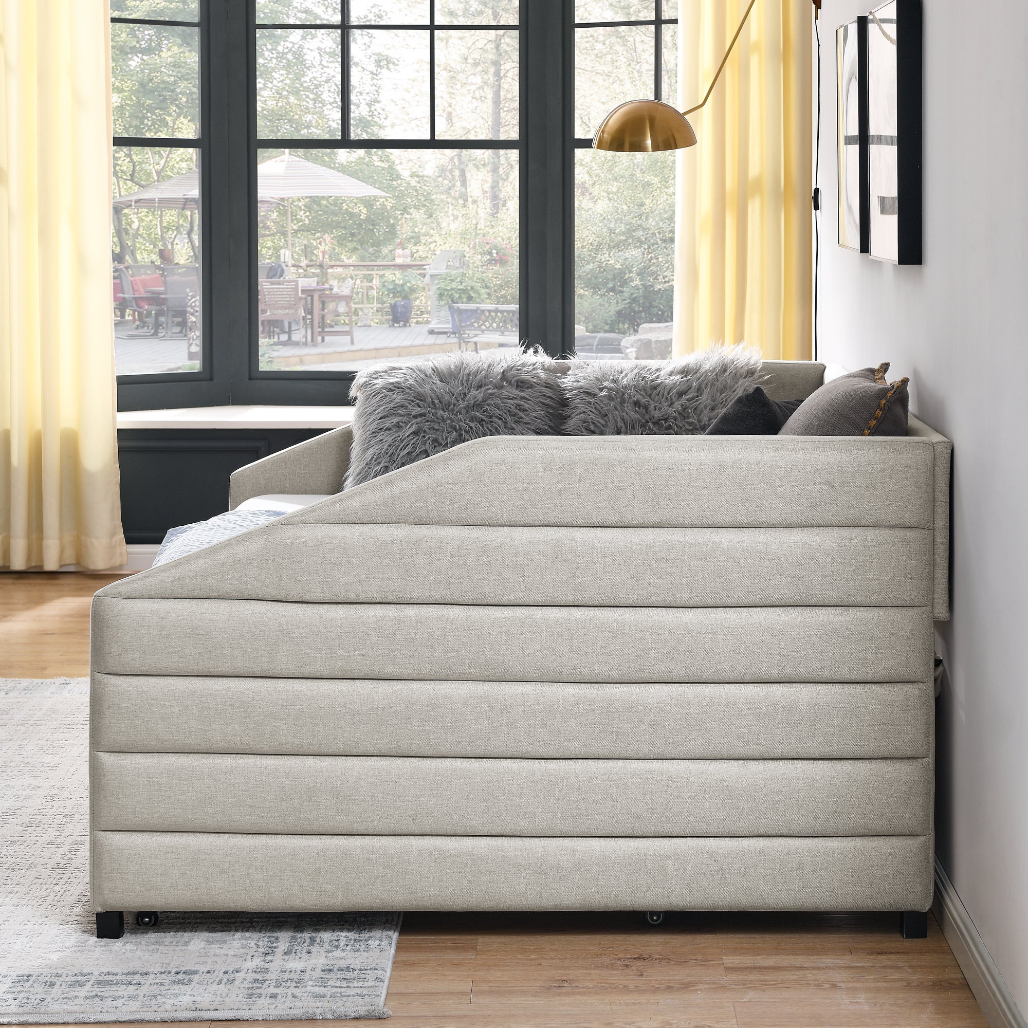 Full Size Daybed with Two Drawers Trundle Upholstered Tufted Sofa Bed- Beige_5