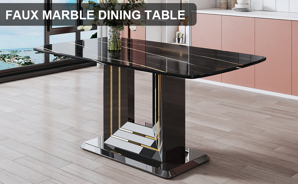 Luxurious Modern Dining Gold Detailed Marbled Tabletop with U Shape Legs- Black, Black_22