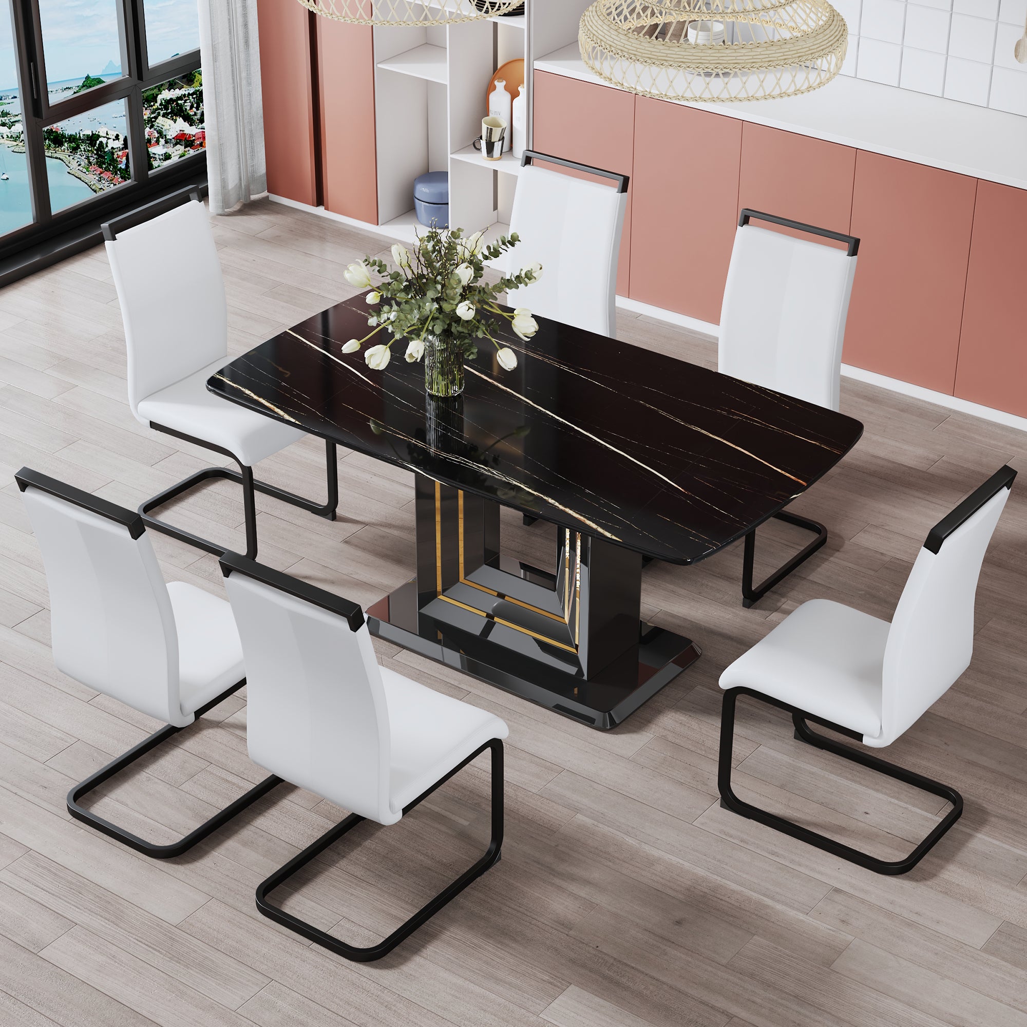 Luxurious Modern Dining Gold Detailed Marbled Tabletop with U Shape Legs- Black, Black_14