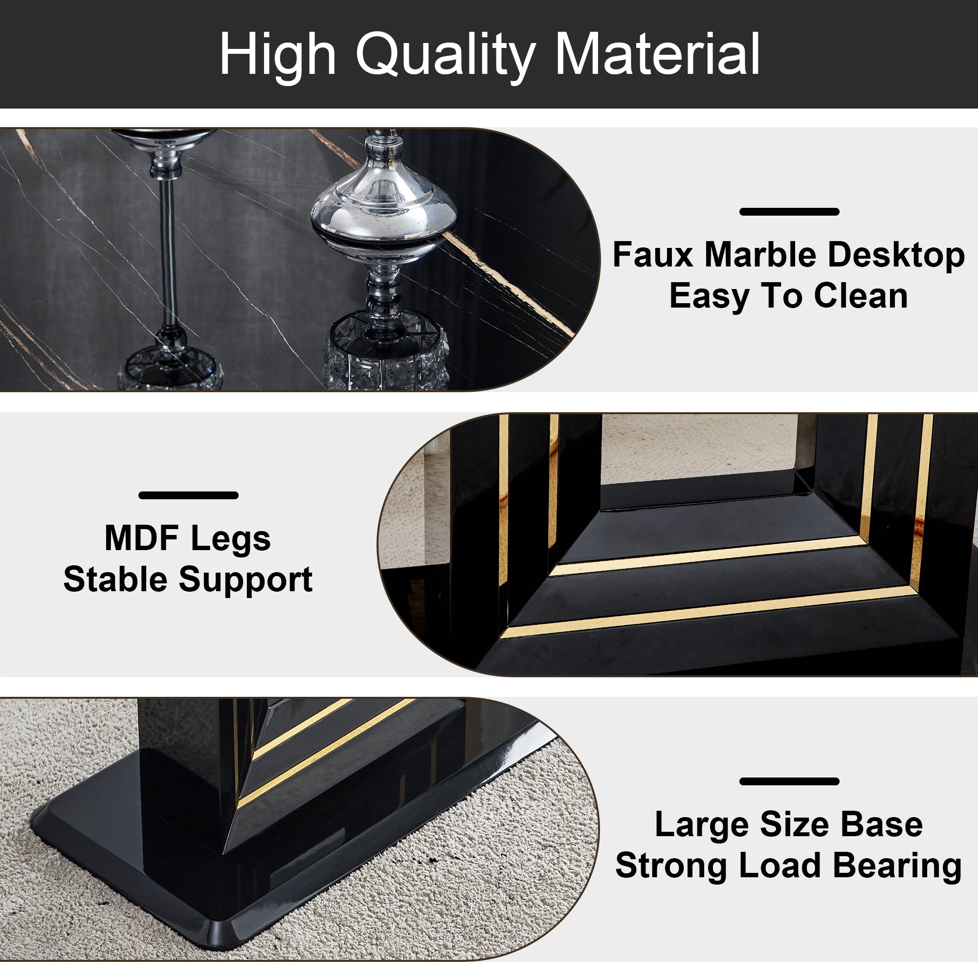 Luxurious Modern Dining Gold Detailed Marbled Tabletop with U Shape Legs- Black, Black_15
