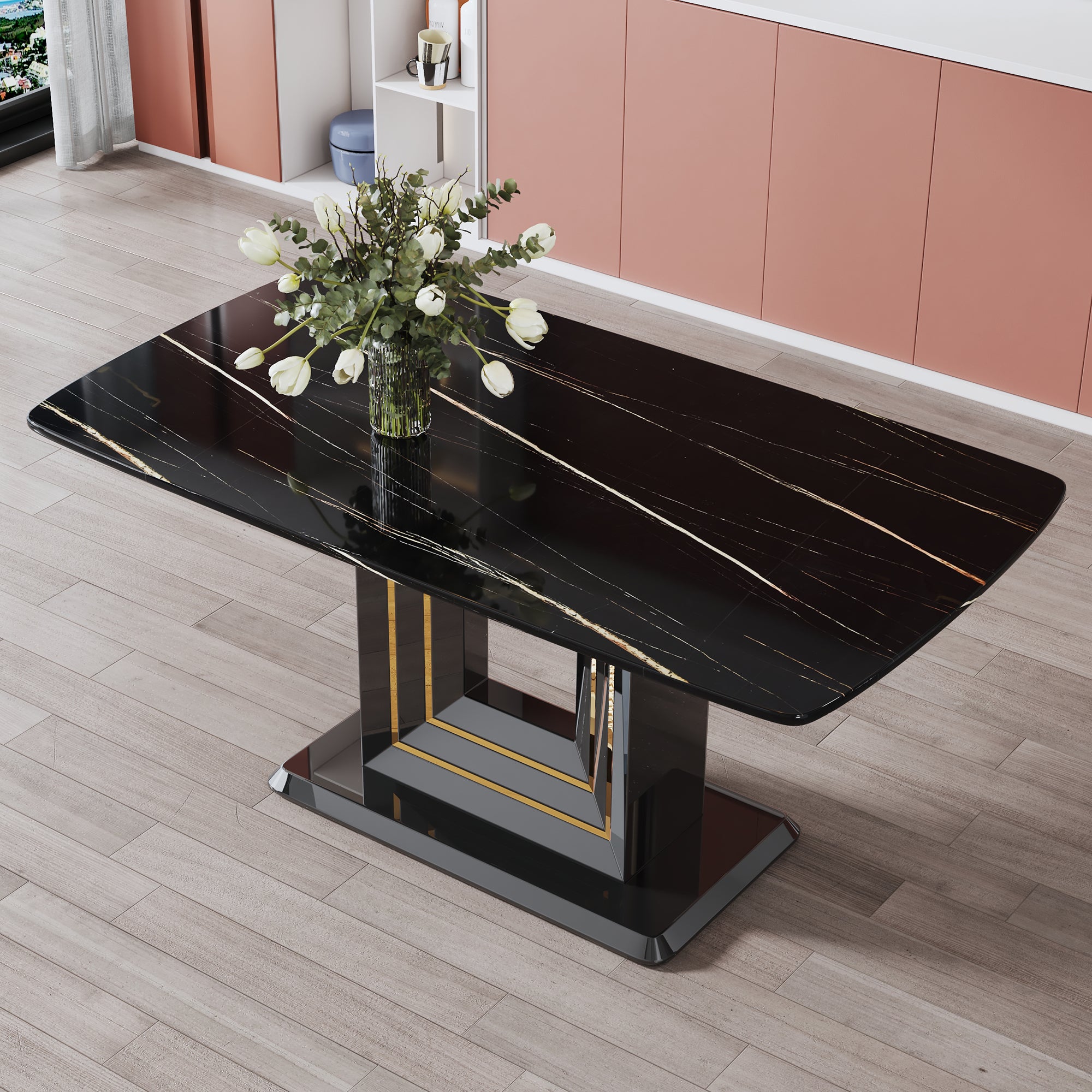 Luxurious Modern Dining Gold Detailed Marbled Tabletop with U Shape Legs- Black, Black_0