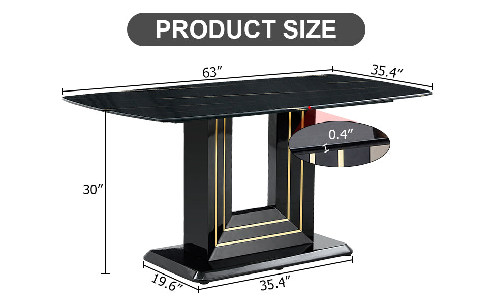 Luxurious Modern Dining Gold Detailed Marbled Tabletop with U Shape Legs- Black, Black_17