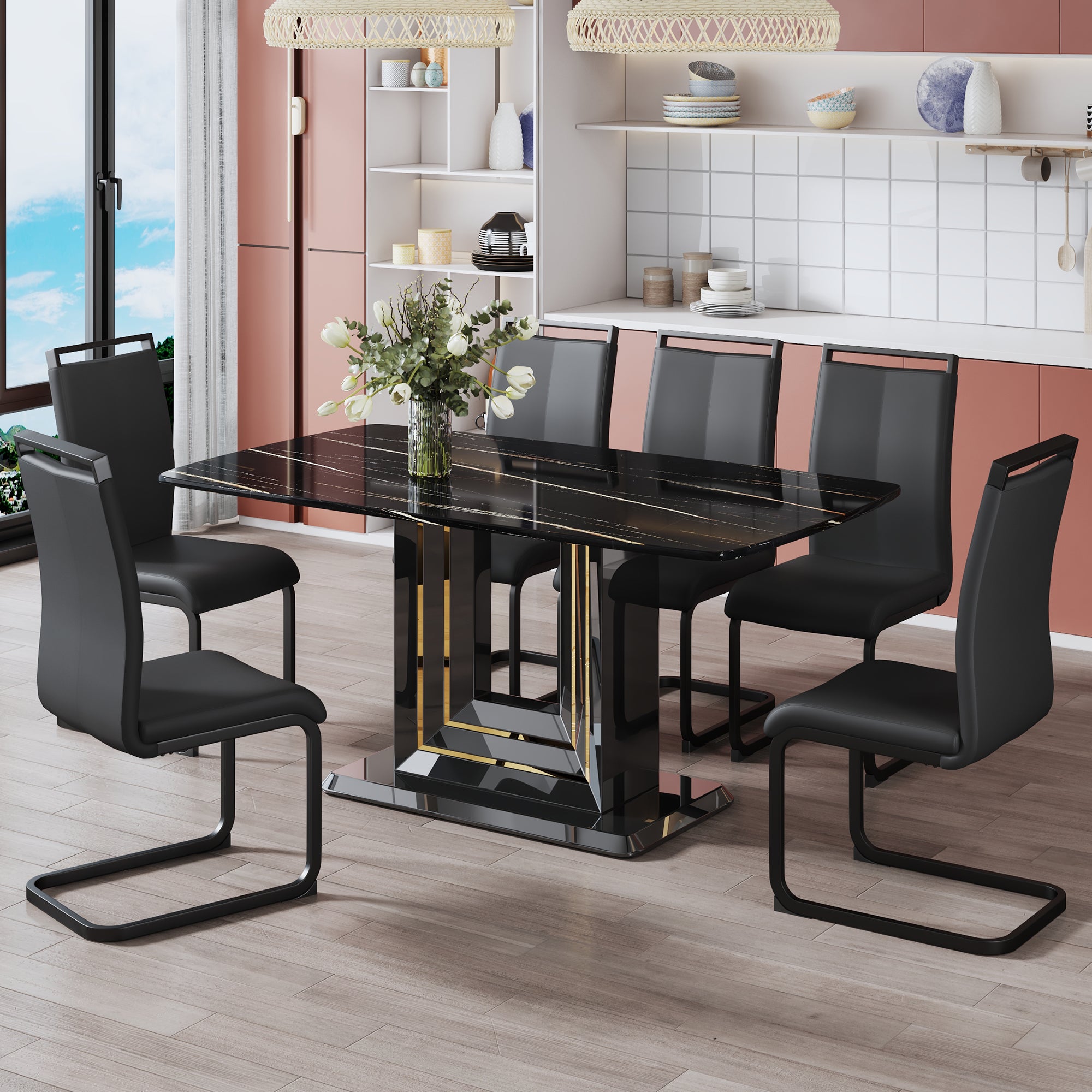 Luxurious Modern Dining Gold Detailed Marbled Tabletop with U Shape Legs- Black, Black_6