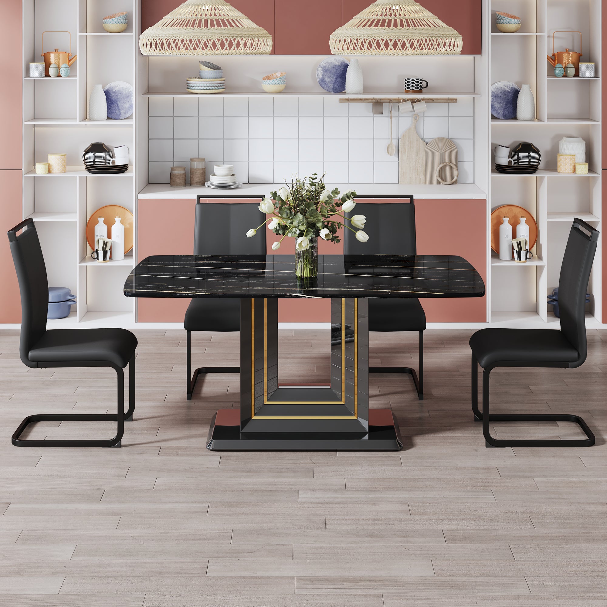 Luxurious Modern Dining Gold Detailed Marbled Tabletop with U Shape Legs- Black, Black_5