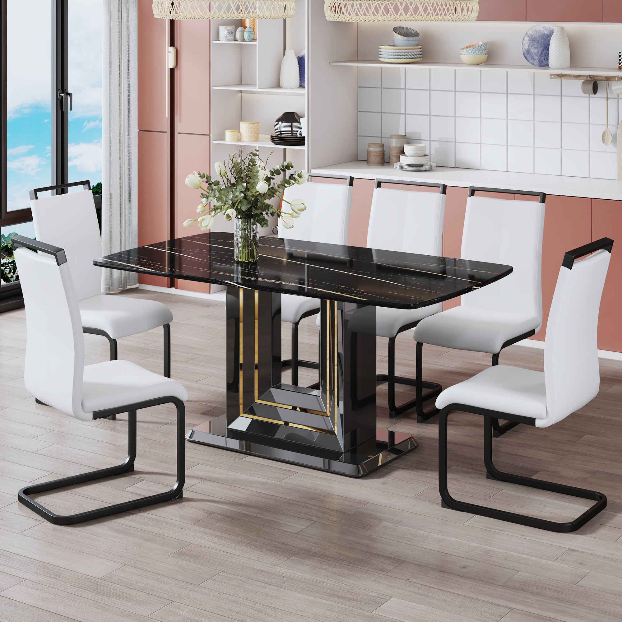 Luxurious Modern Dining Gold Detailed Marbled Tabletop with U Shape Legs- Black, Black_13