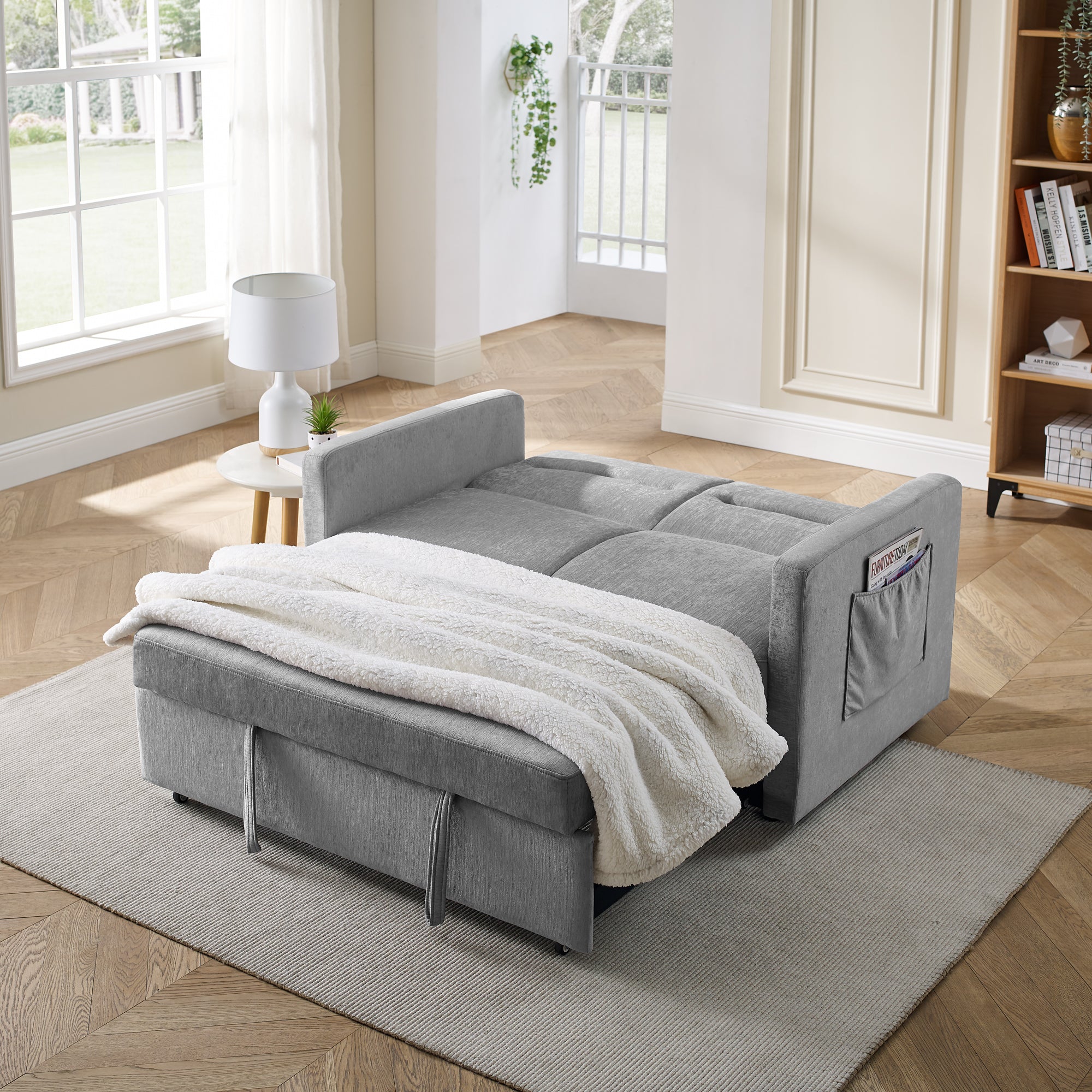 Upholstered Sleeper Sofa Bed with Adjustable Backrest and Foam Cushion- Grey_2